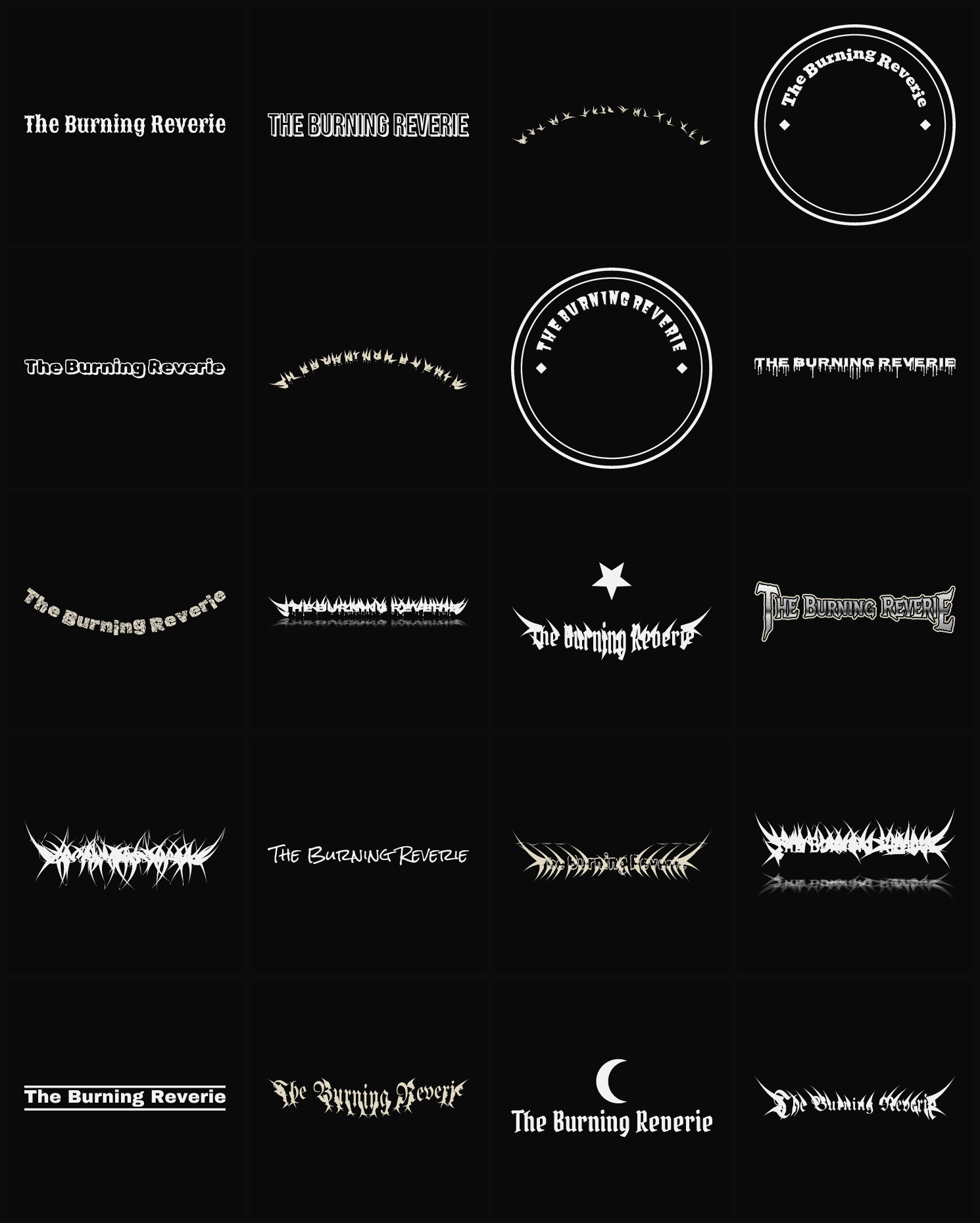 Twenty The Burning Reverie band logo ideas — different faces, treatments and spike settings