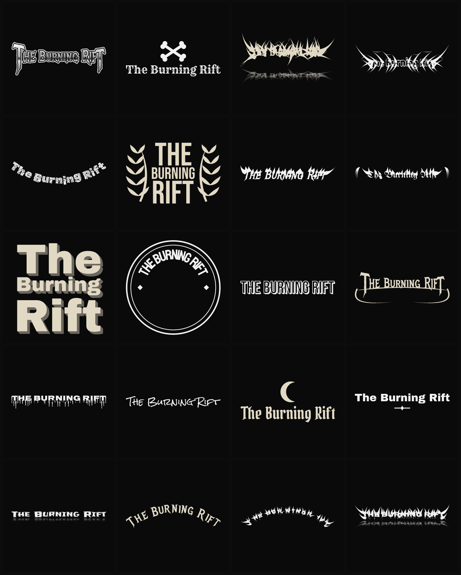 Twenty The Burning Rift band logo ideas — different faces, treatments and spike settings