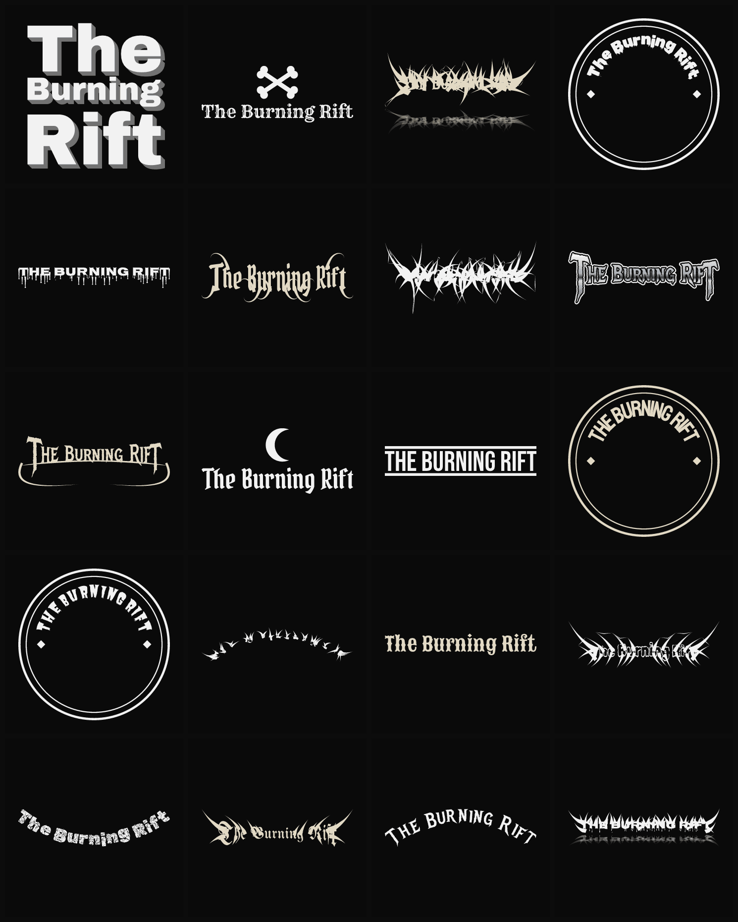 Twenty The Burning Rift band logo ideas — different faces, treatments and spike settings