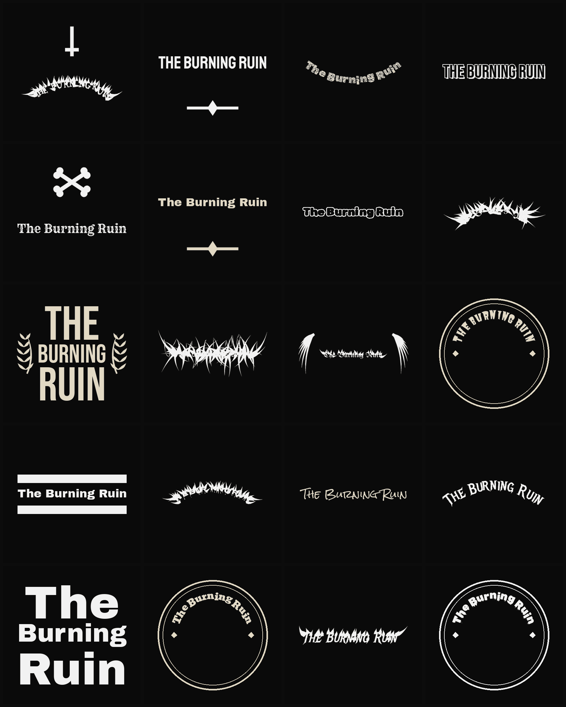 Twenty The Burning Ruin band logo ideas — different faces, treatments and spike settings