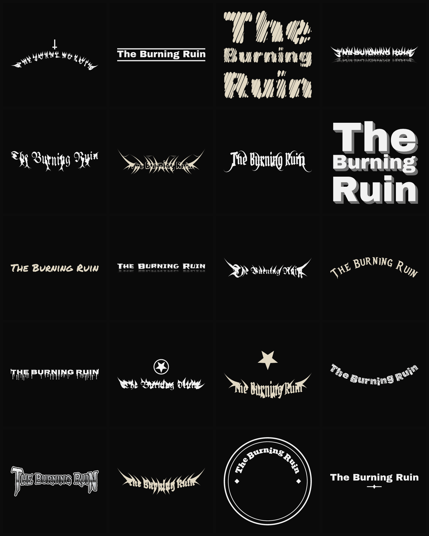 Twenty The Burning Ruin band logo ideas — different faces, treatments and spike settings