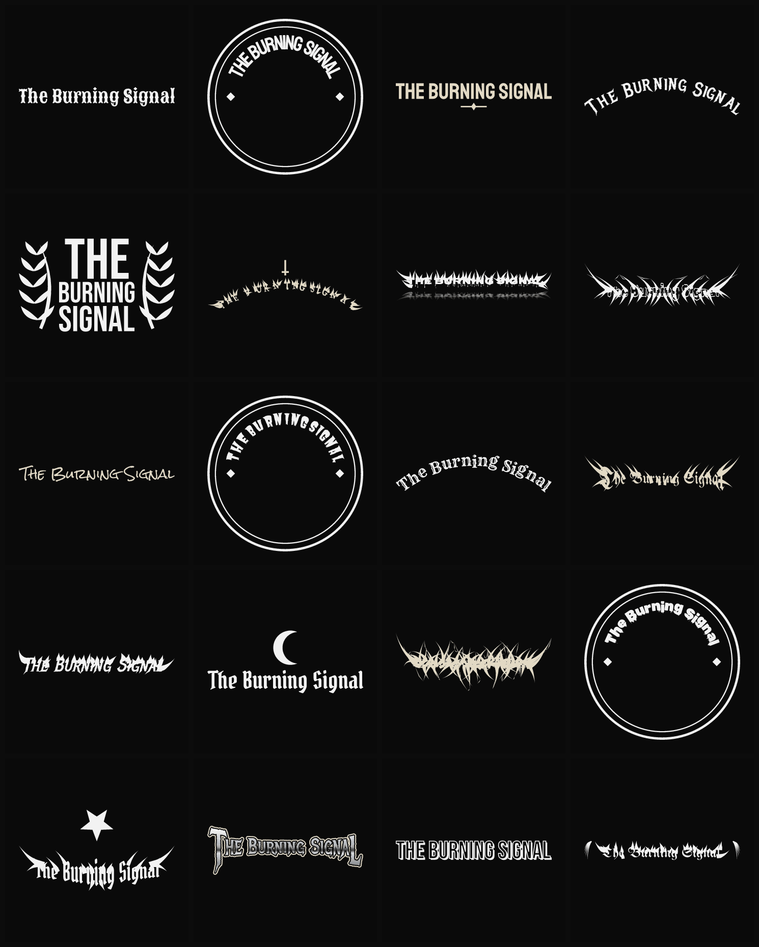Twenty The Burning Signal band logo ideas — different faces, treatments and spike settings