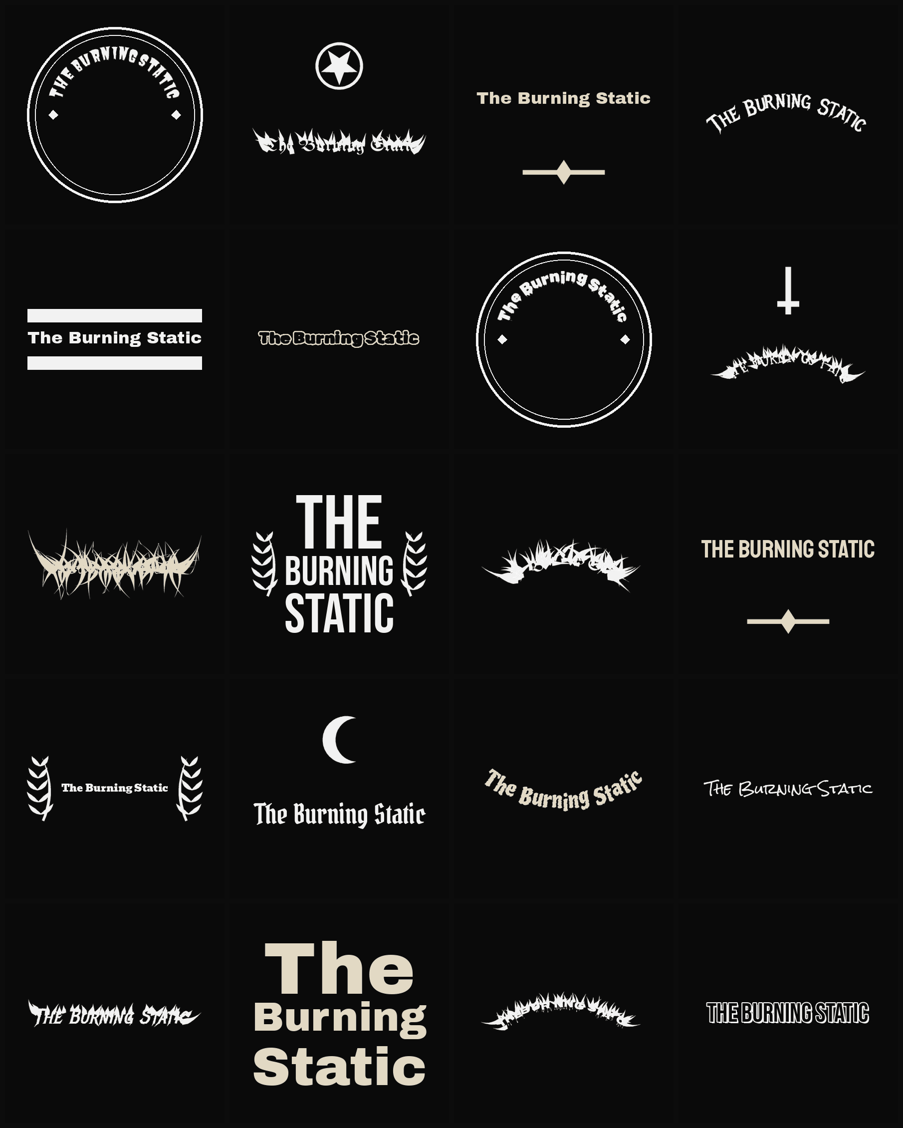Twenty The Burning Static band logo ideas — different faces, treatments and spike settings