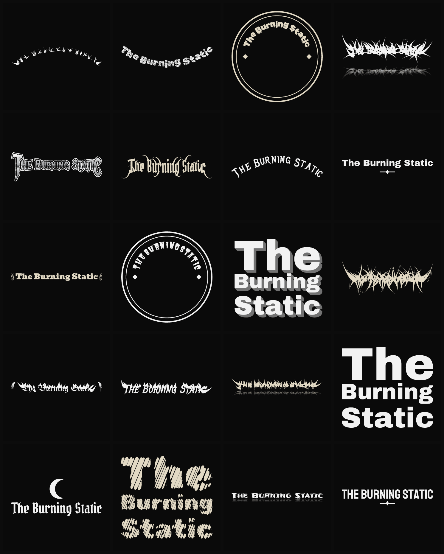 Twenty The Burning Static band logo ideas — different faces, treatments and spike settings