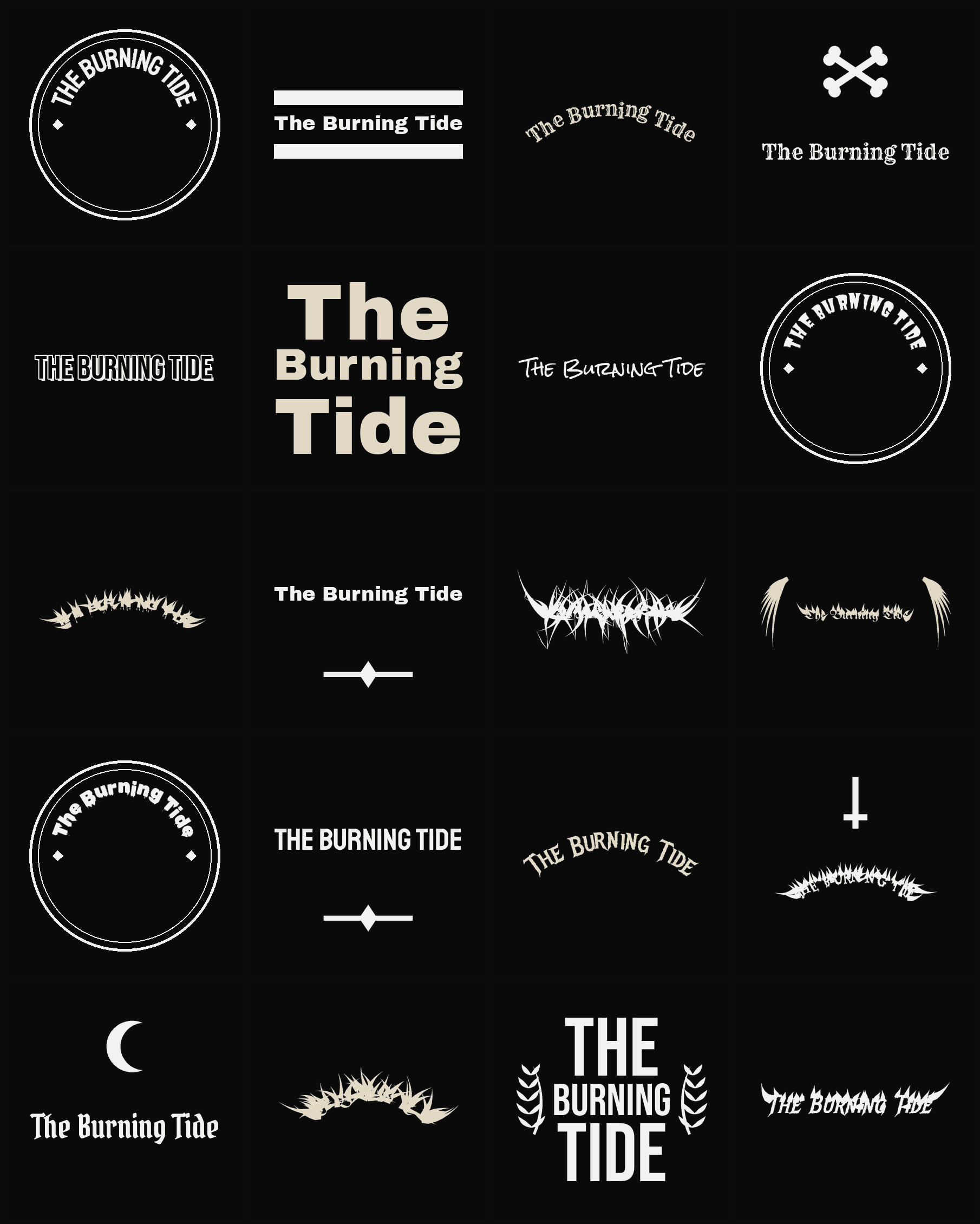 Twenty The Burning Tide band logo ideas — different faces, treatments and spike settings
