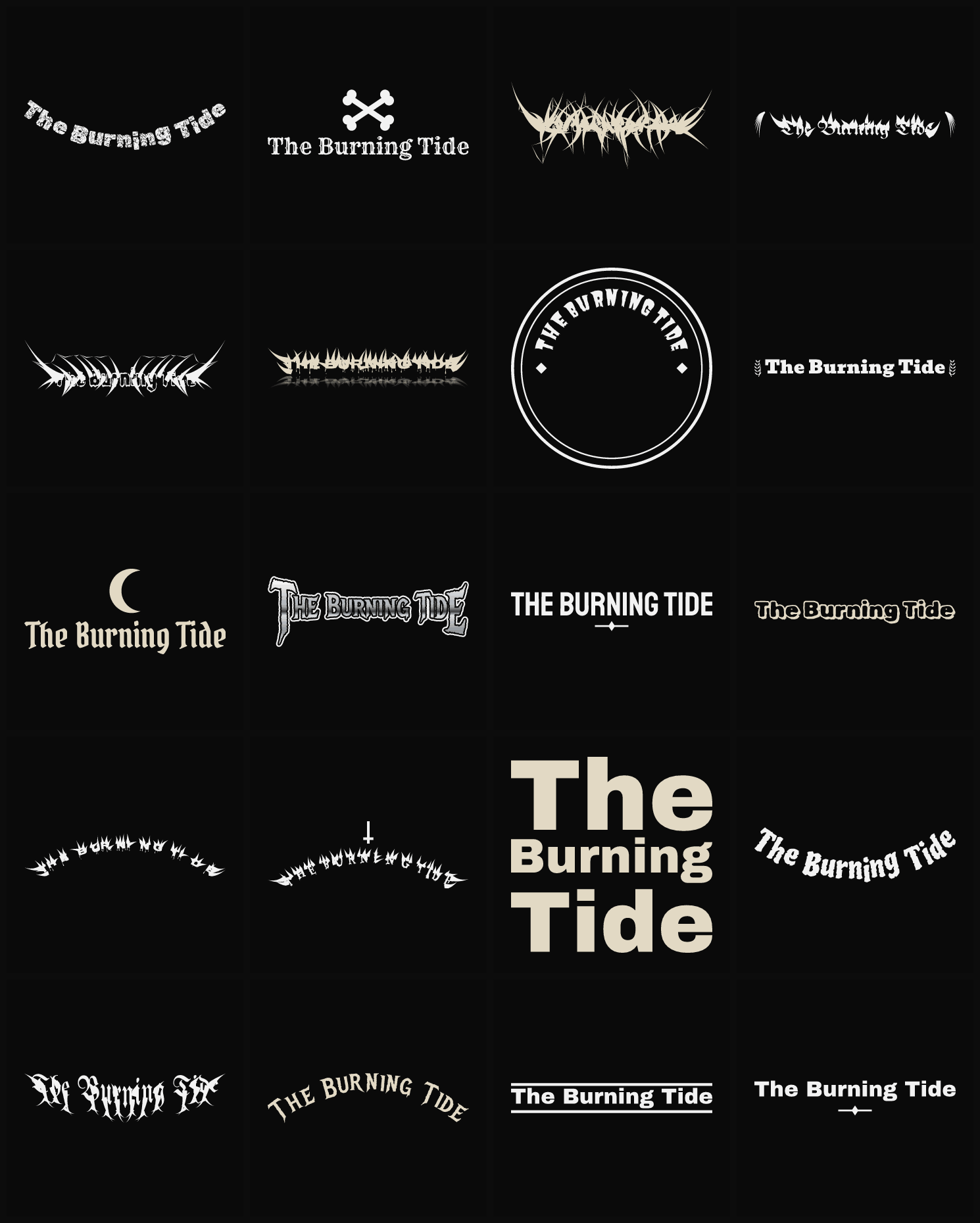 Twenty The Burning Tide band logo ideas — different faces, treatments and spike settings