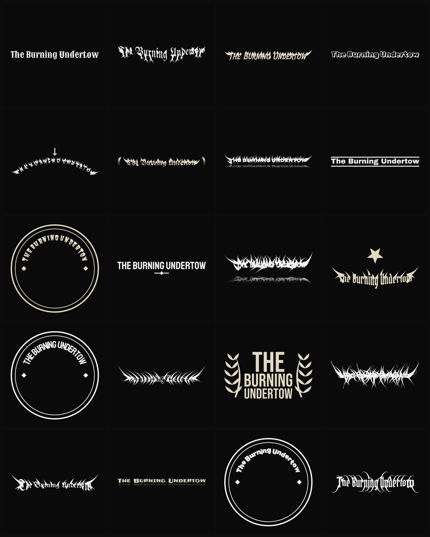 Twenty The Burning Undertow band logo ideas — different faces, treatments and spike settings