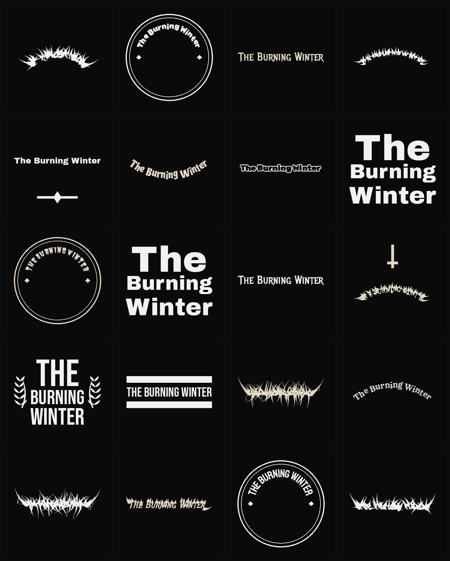 Twenty The Burning Winter band logo ideas — different faces, treatments and spike settings