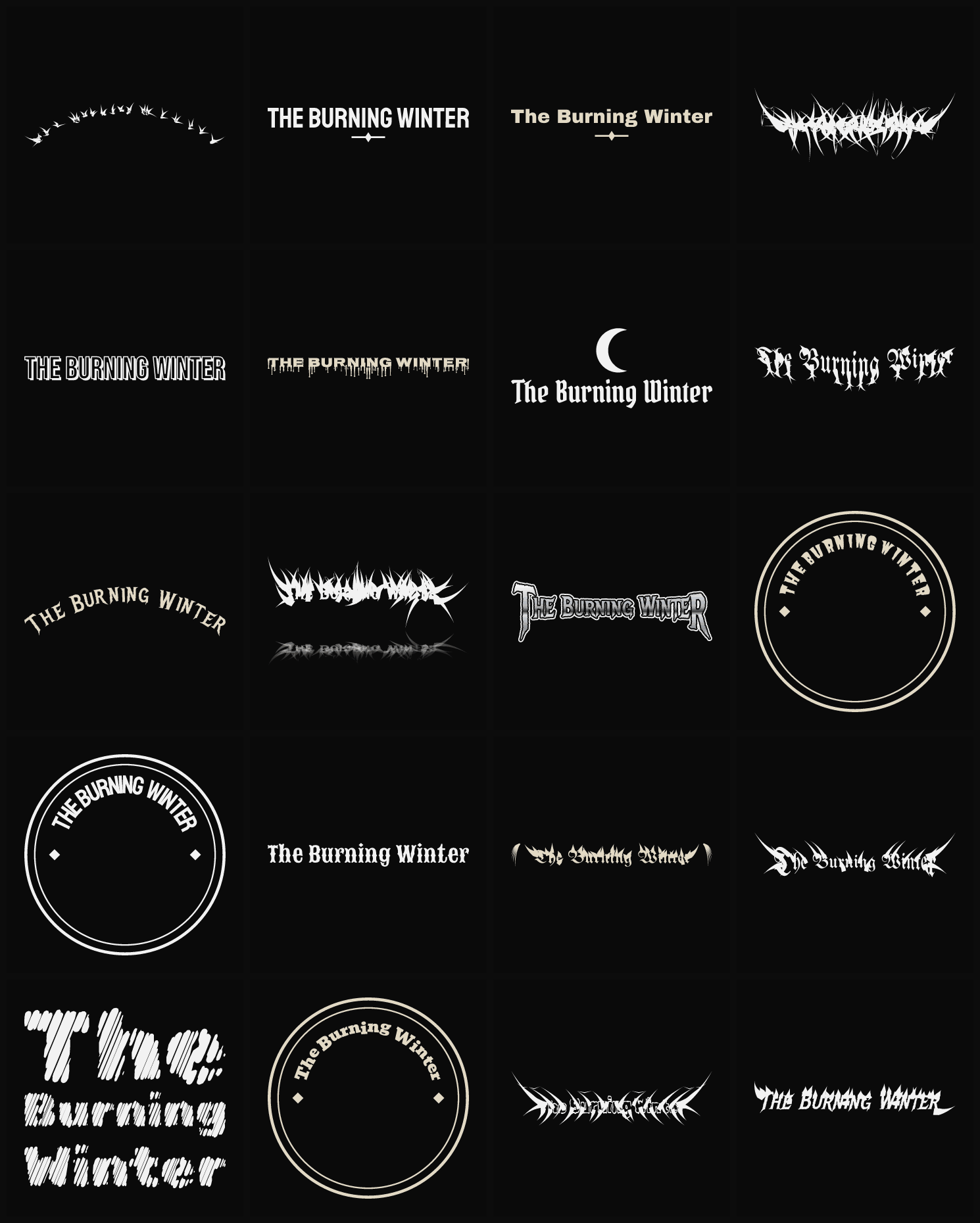 Twenty The Burning Winter band logo ideas — different faces, treatments and spike settings
