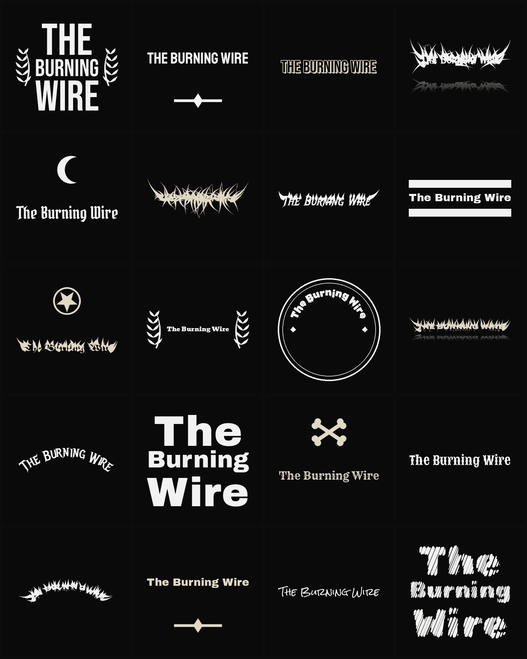 Twenty The Burning Wire band logo ideas — different faces, treatments and spike settings