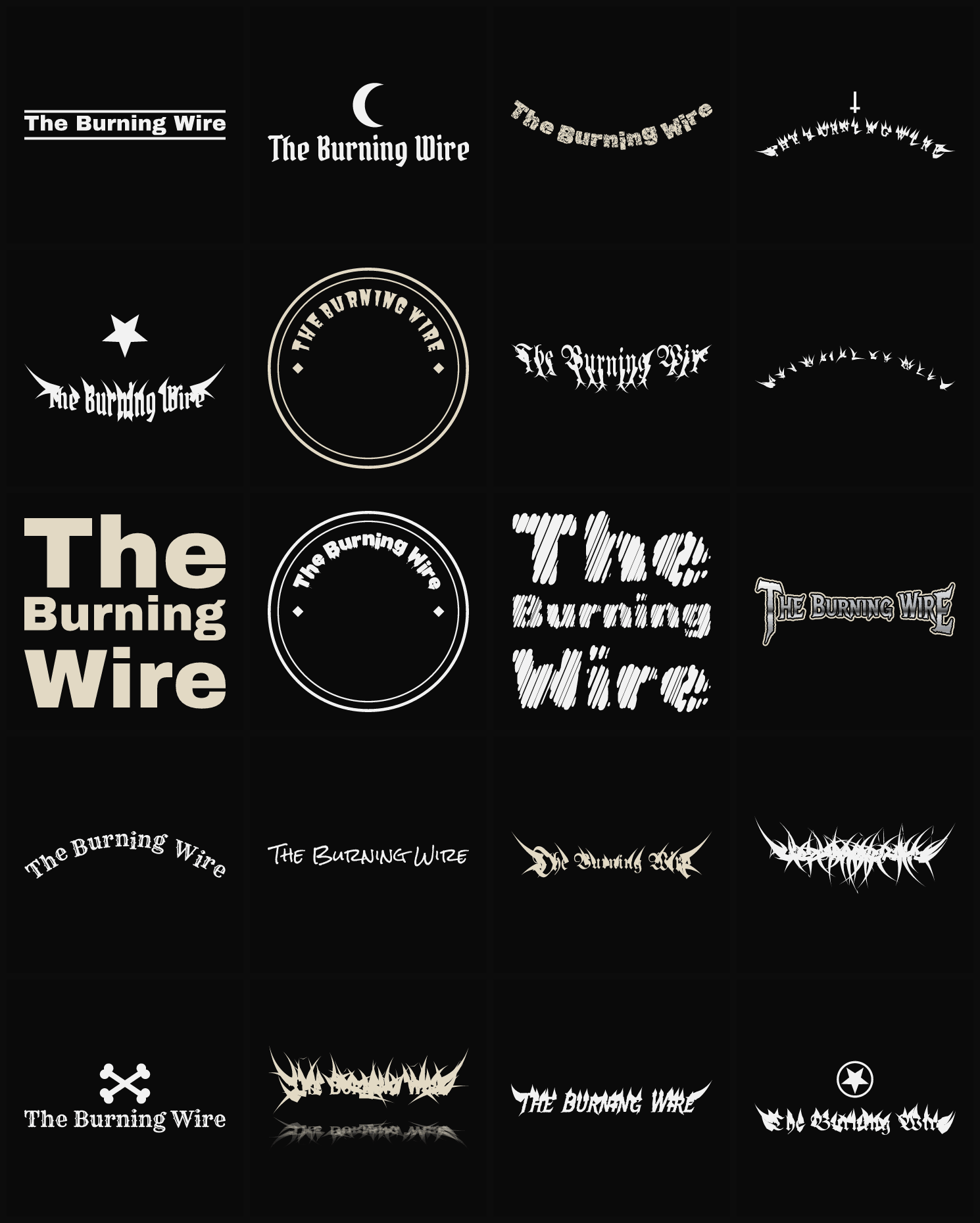 Twenty The Burning Wire band logo ideas — different faces, treatments and spike settings