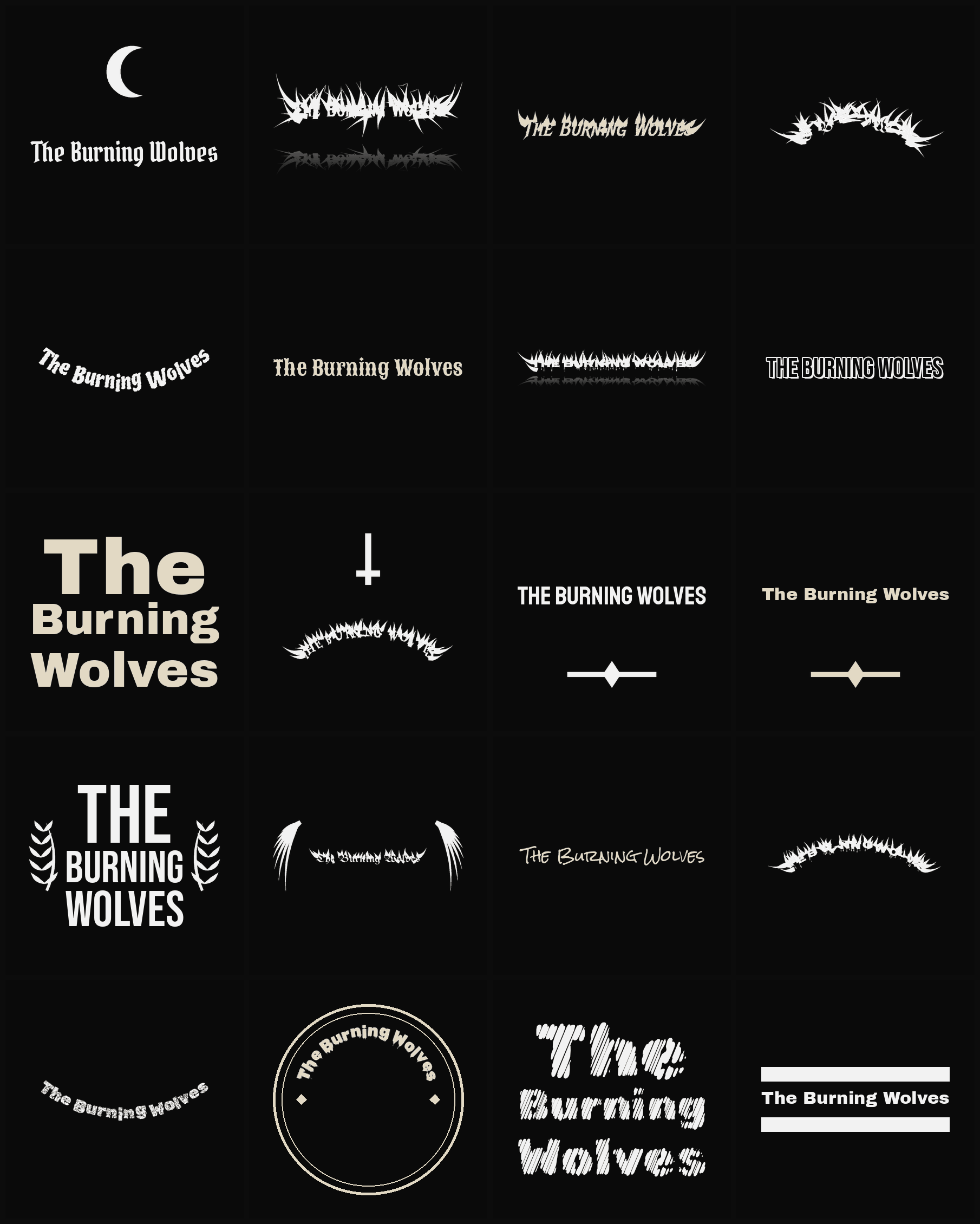 Twenty The Burning Wolves band logo ideas — different faces, treatments and spike settings