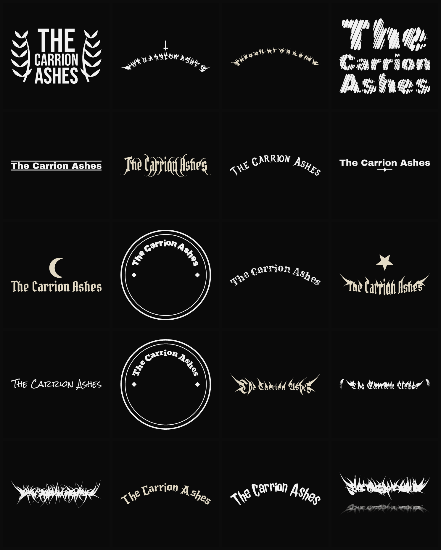 Twenty The Carrion Ashes band logo ideas — different faces, treatments and spike settings