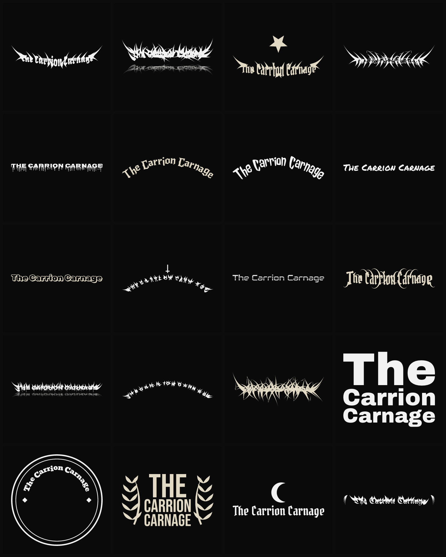 Twenty The Carrion Carnage band logo ideas — different faces, treatments and spike settings