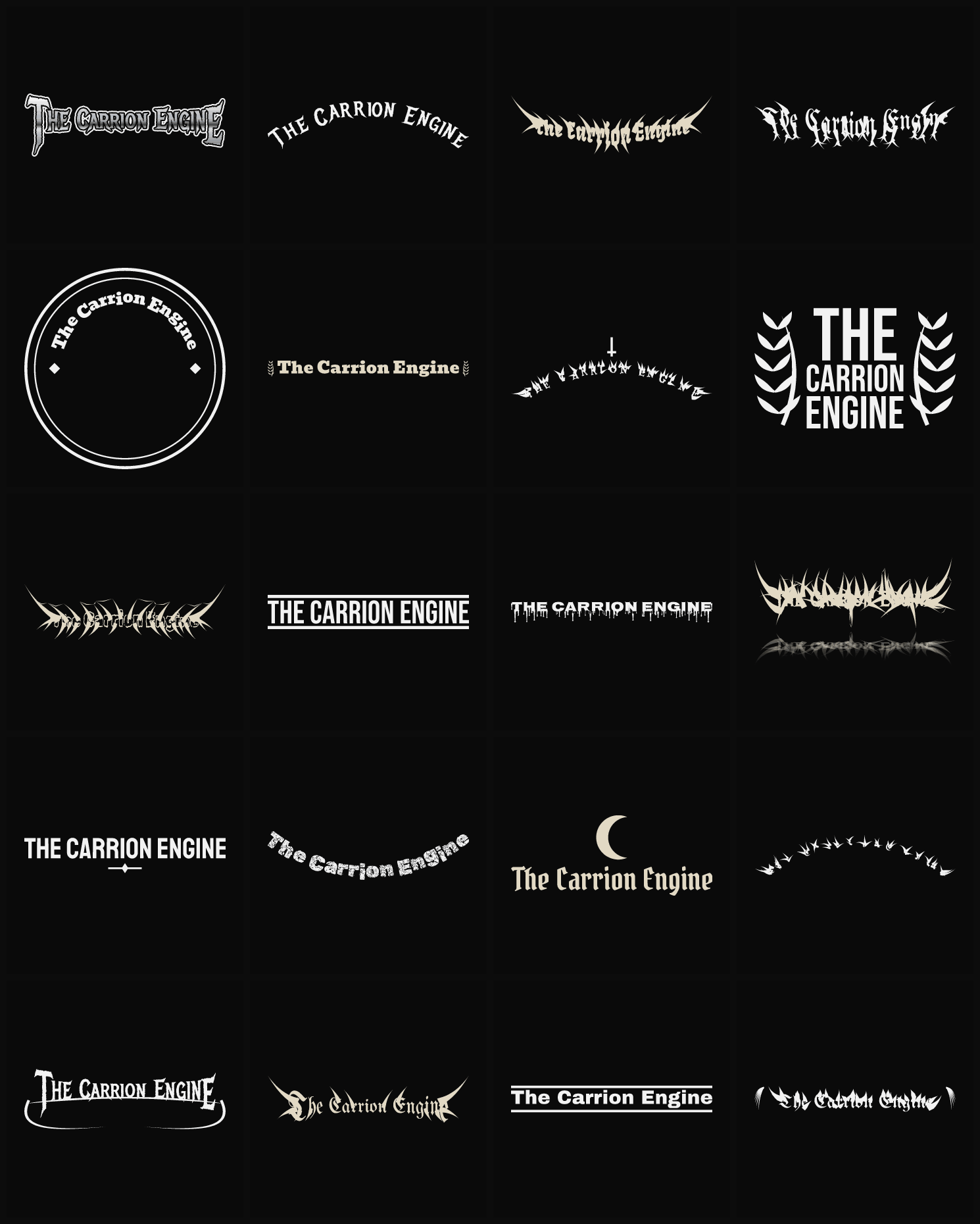 Twenty The Carrion Engine band logo ideas — different faces, treatments and spike settings