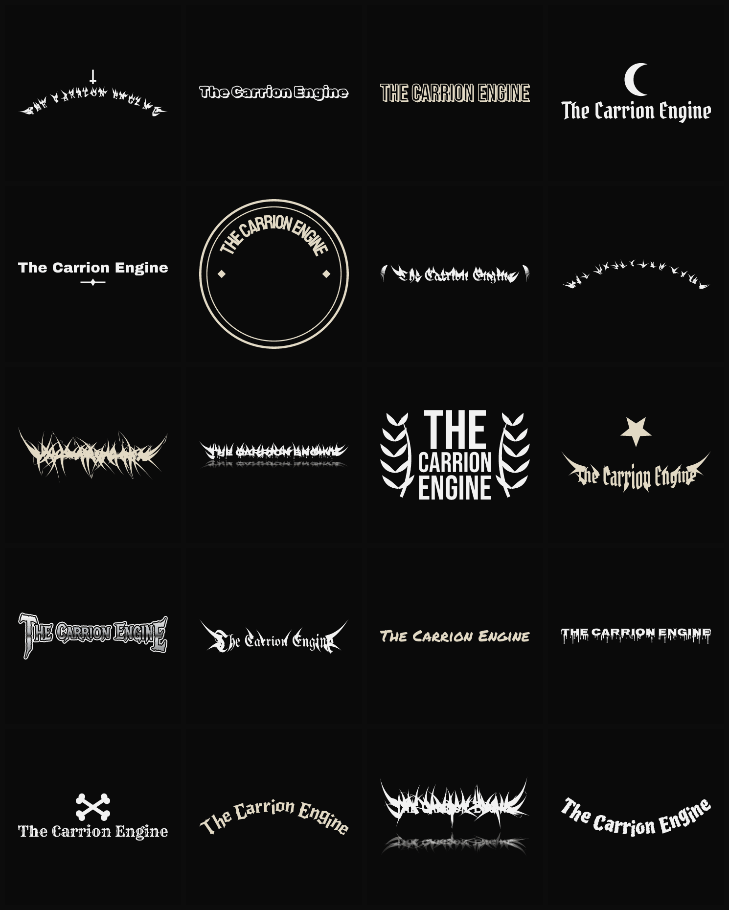 Twenty The Carrion Engine band logo ideas — different faces, treatments and spike settings