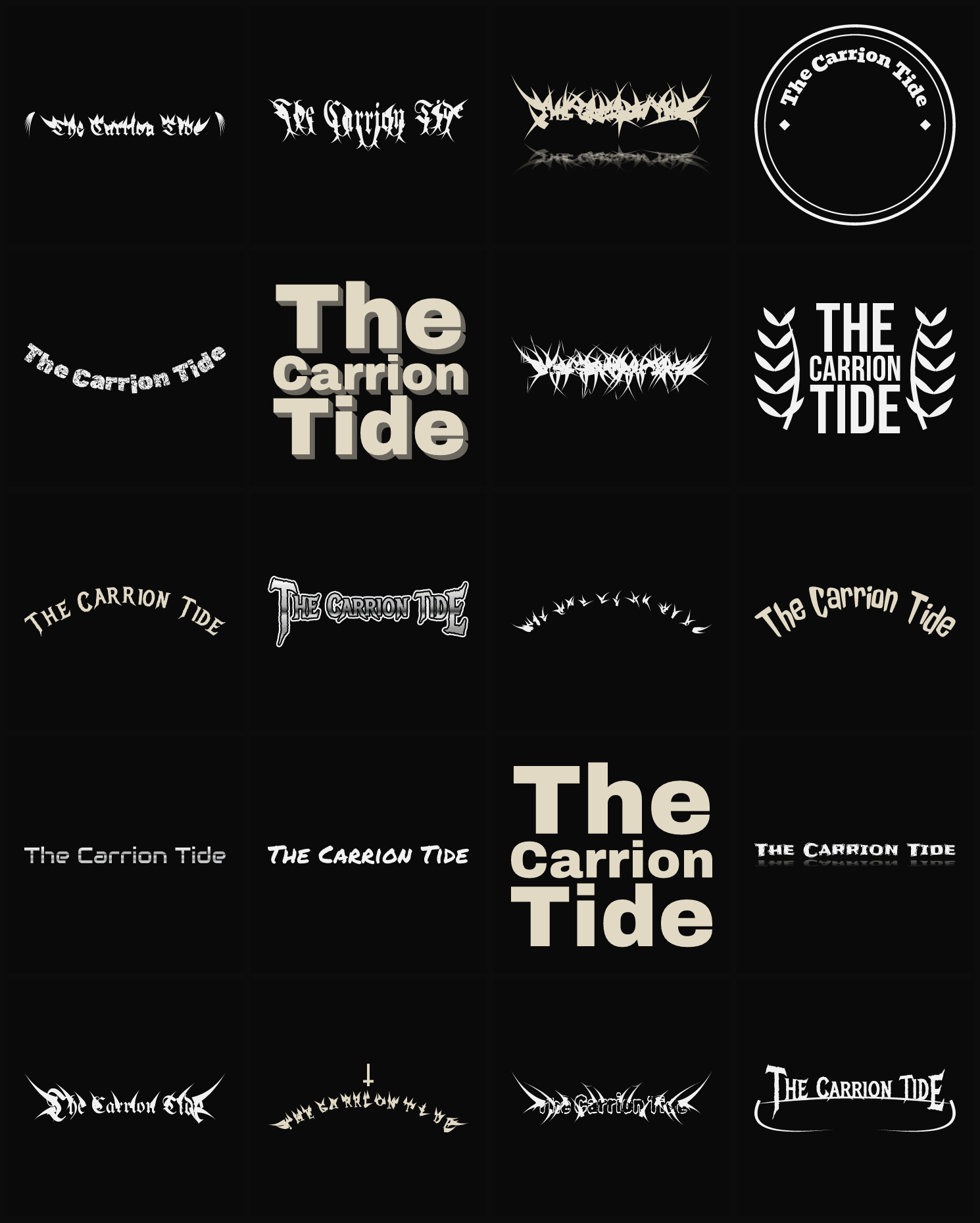 Twenty The Carrion Tide band logo ideas — different faces, treatments and spike settings