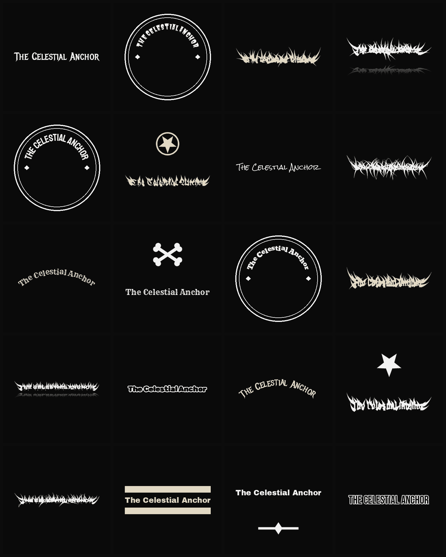 Twenty The Celestial Anchor band logo ideas — different faces, treatments and spike settings