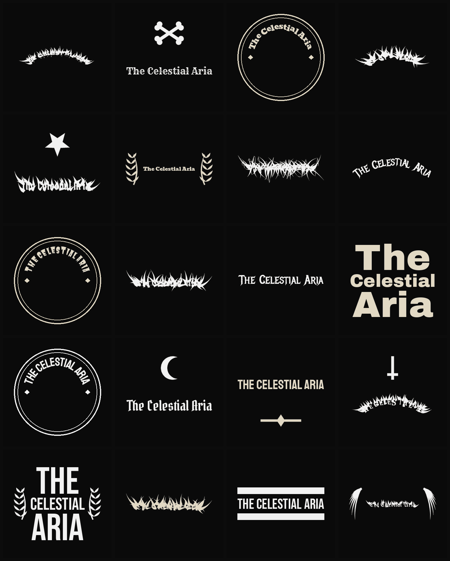 Twenty The Celestial Aria band logo ideas — different faces, treatments and spike settings