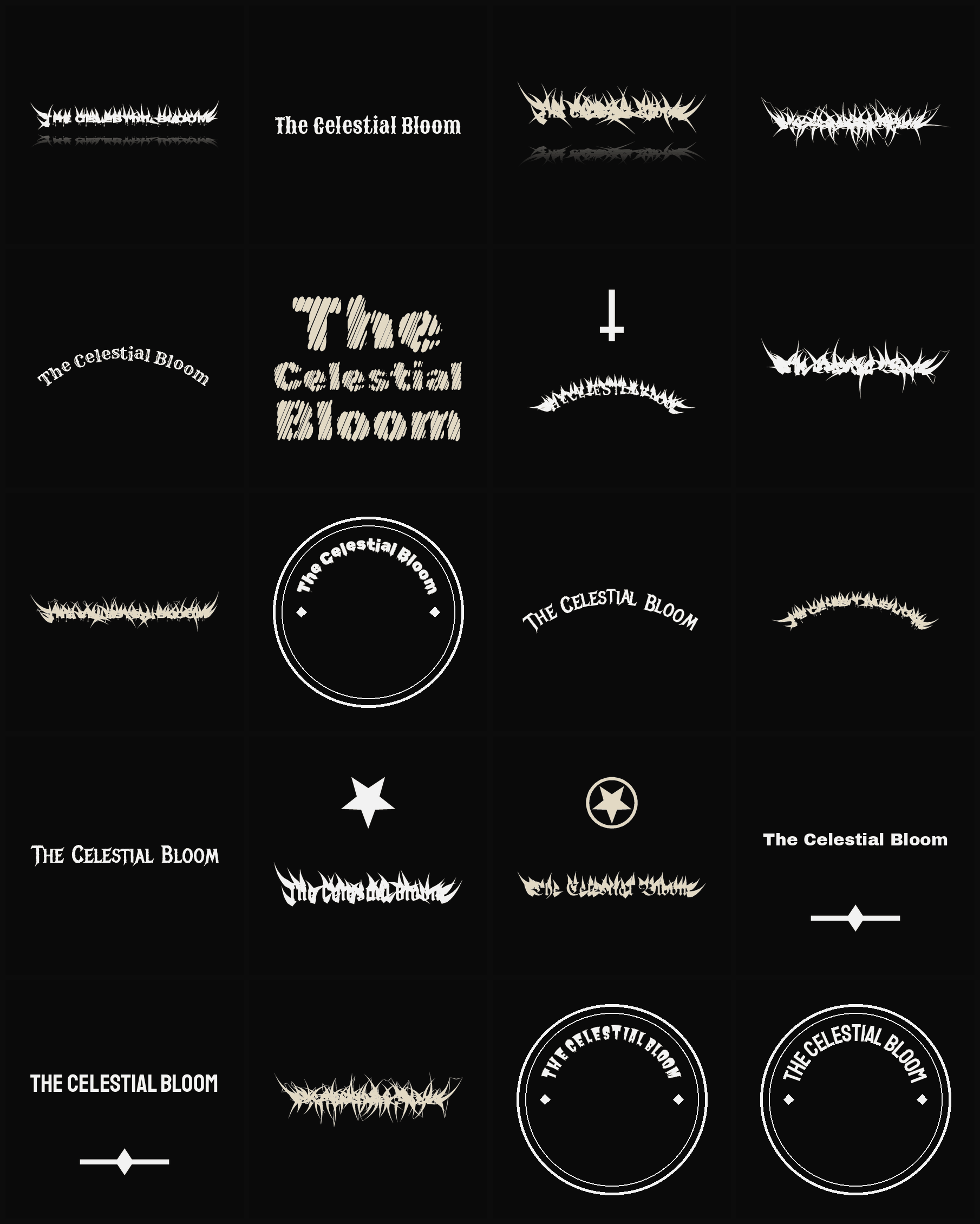 Twenty The Celestial Bloom band logo ideas — different faces, treatments and spike settings