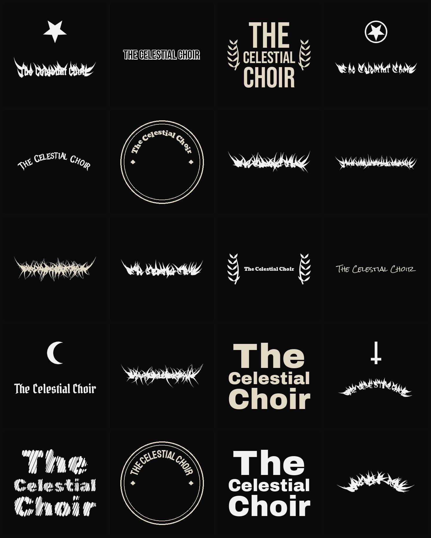 Twenty The Celestial Choir band logo ideas — different faces, treatments and spike settings
