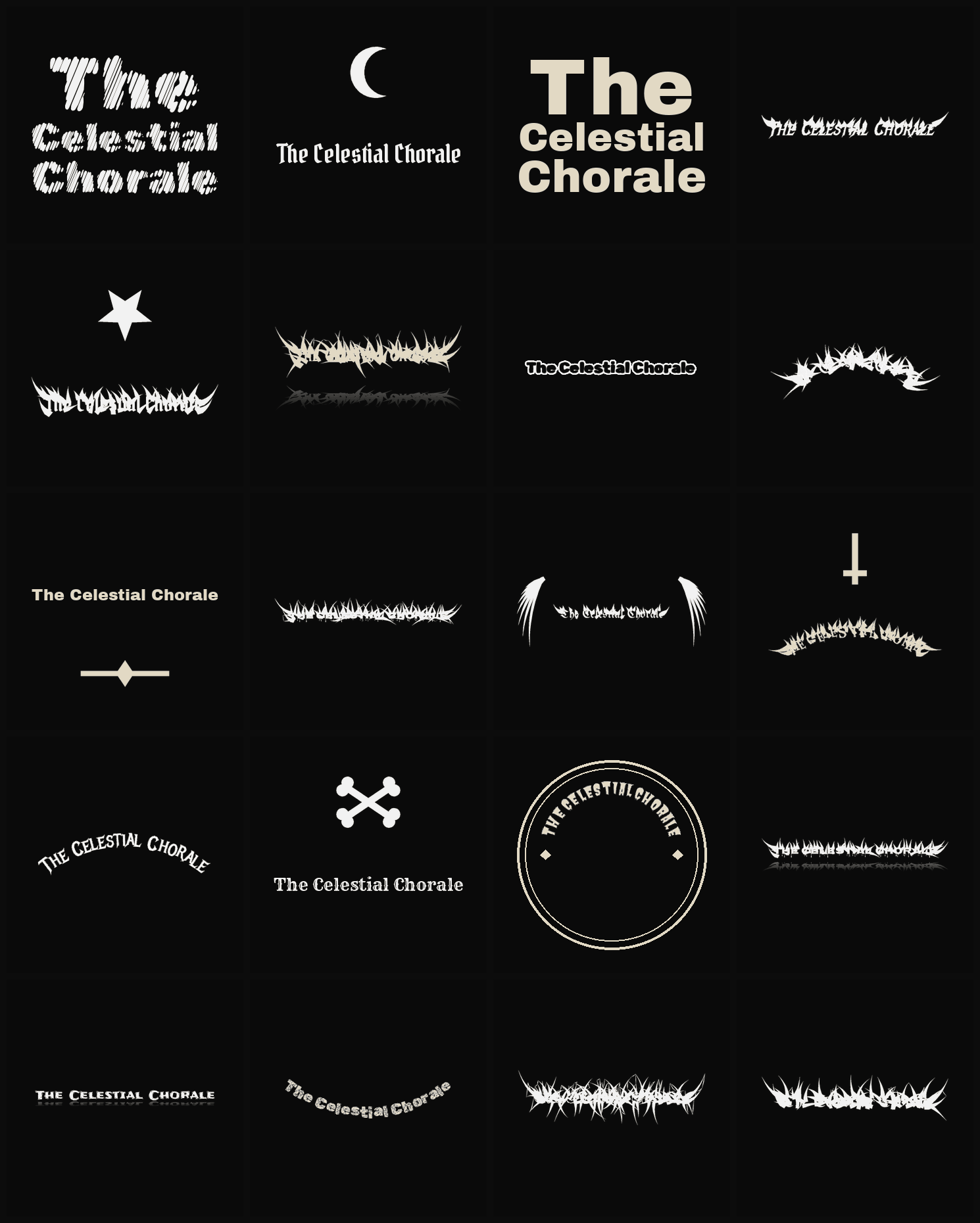 Twenty The Celestial Chorale band logo ideas — different faces, treatments and spike settings