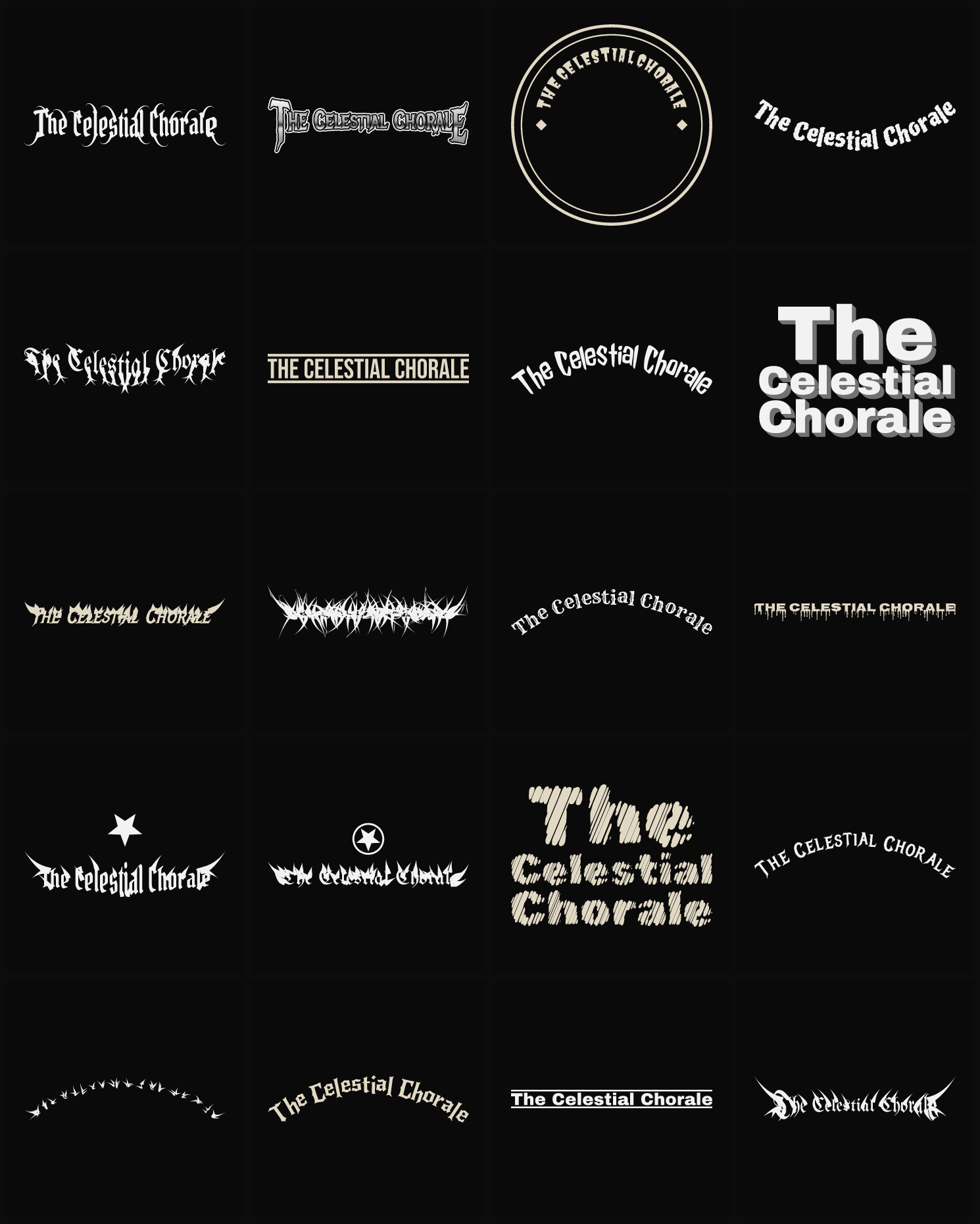 Twenty The Celestial Chorale band logo ideas — different faces, treatments and spike settings