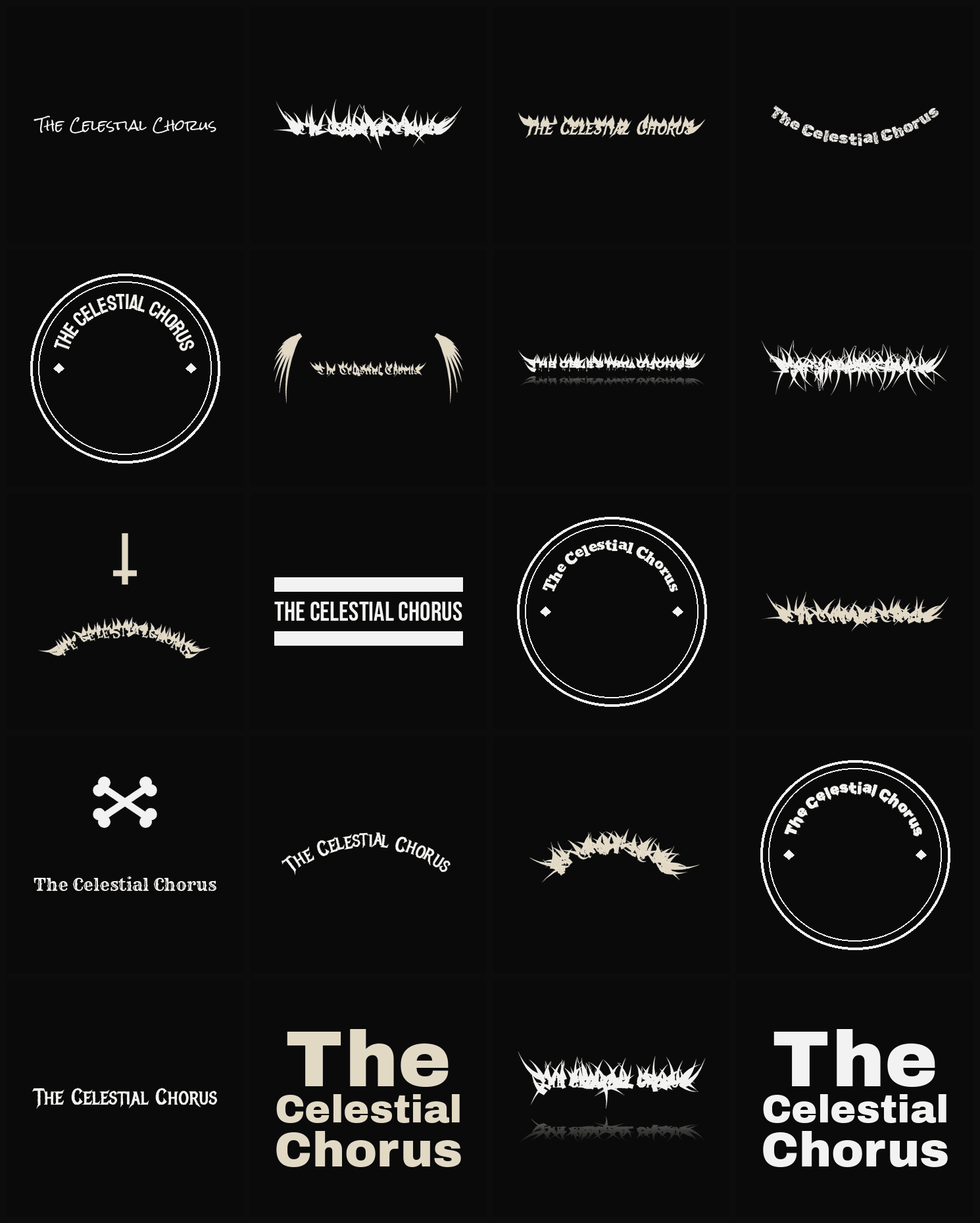 Twenty The Celestial Chorus band logo ideas — different faces, treatments and spike settings