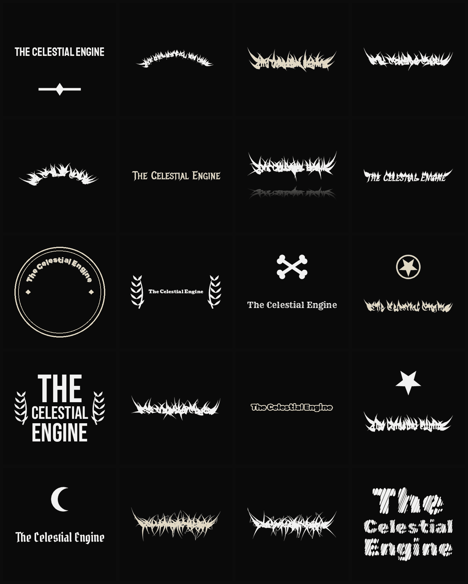 Twenty The Celestial Engine band logo ideas — different faces, treatments and spike settings