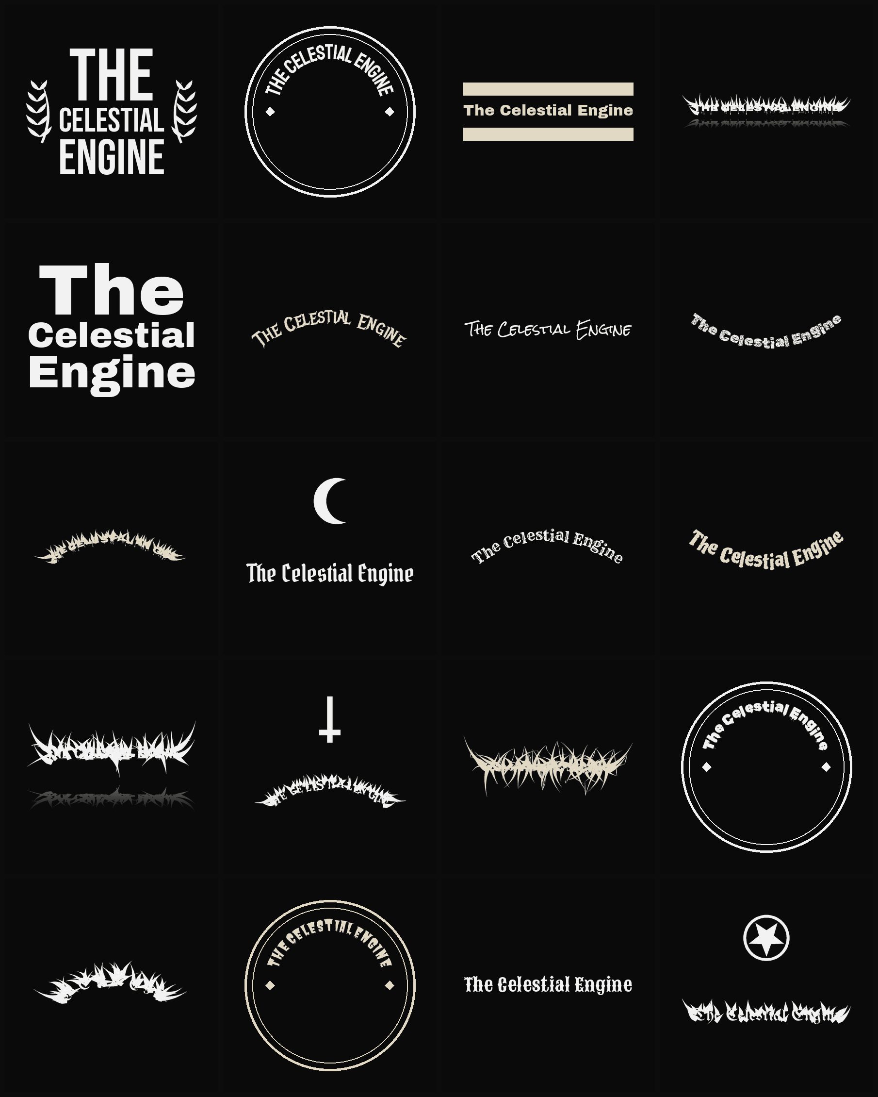 Twenty The Celestial Engine band logo ideas — different faces, treatments and spike settings