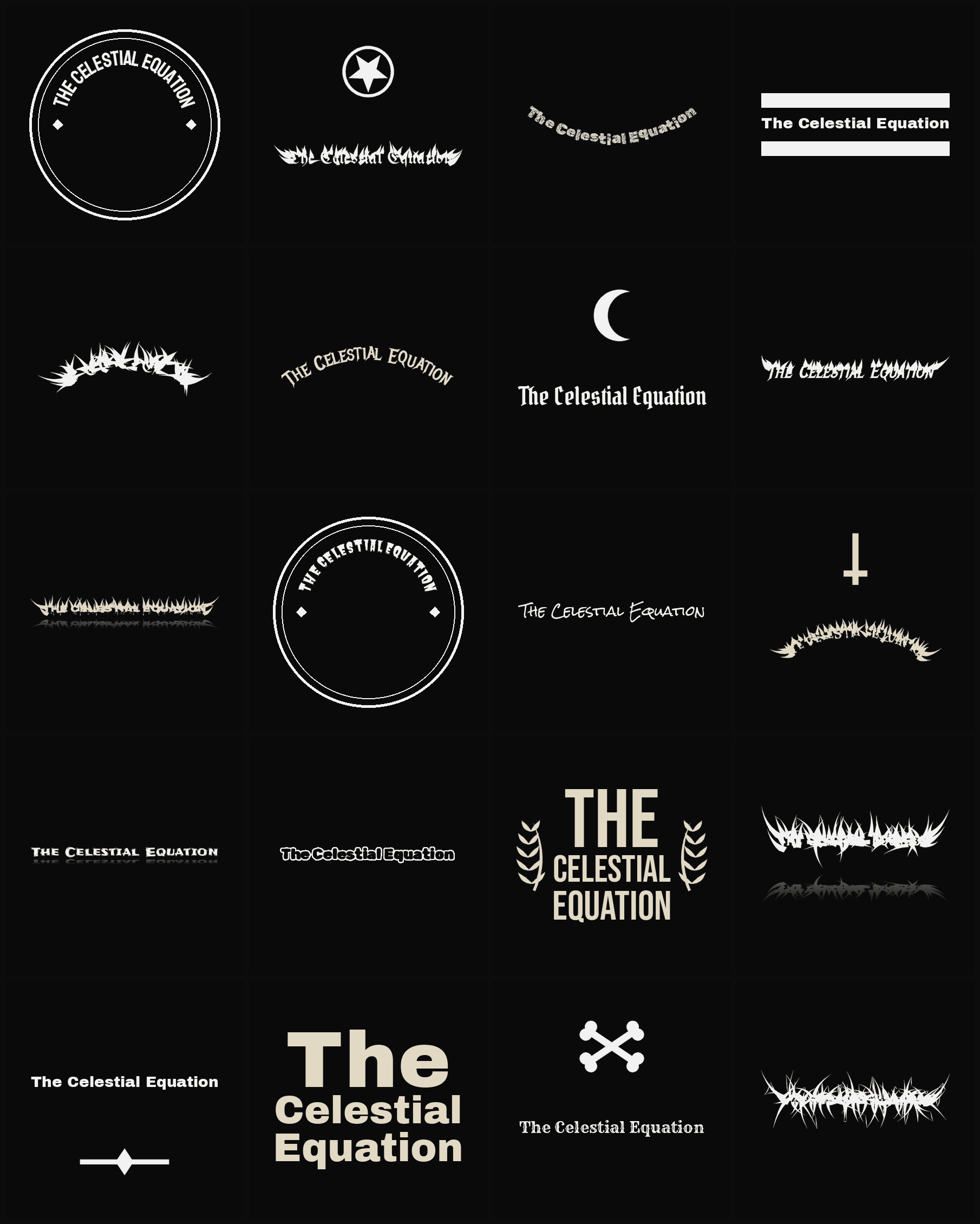 Twenty The Celestial Equation band logo ideas — different faces, treatments and spike settings
