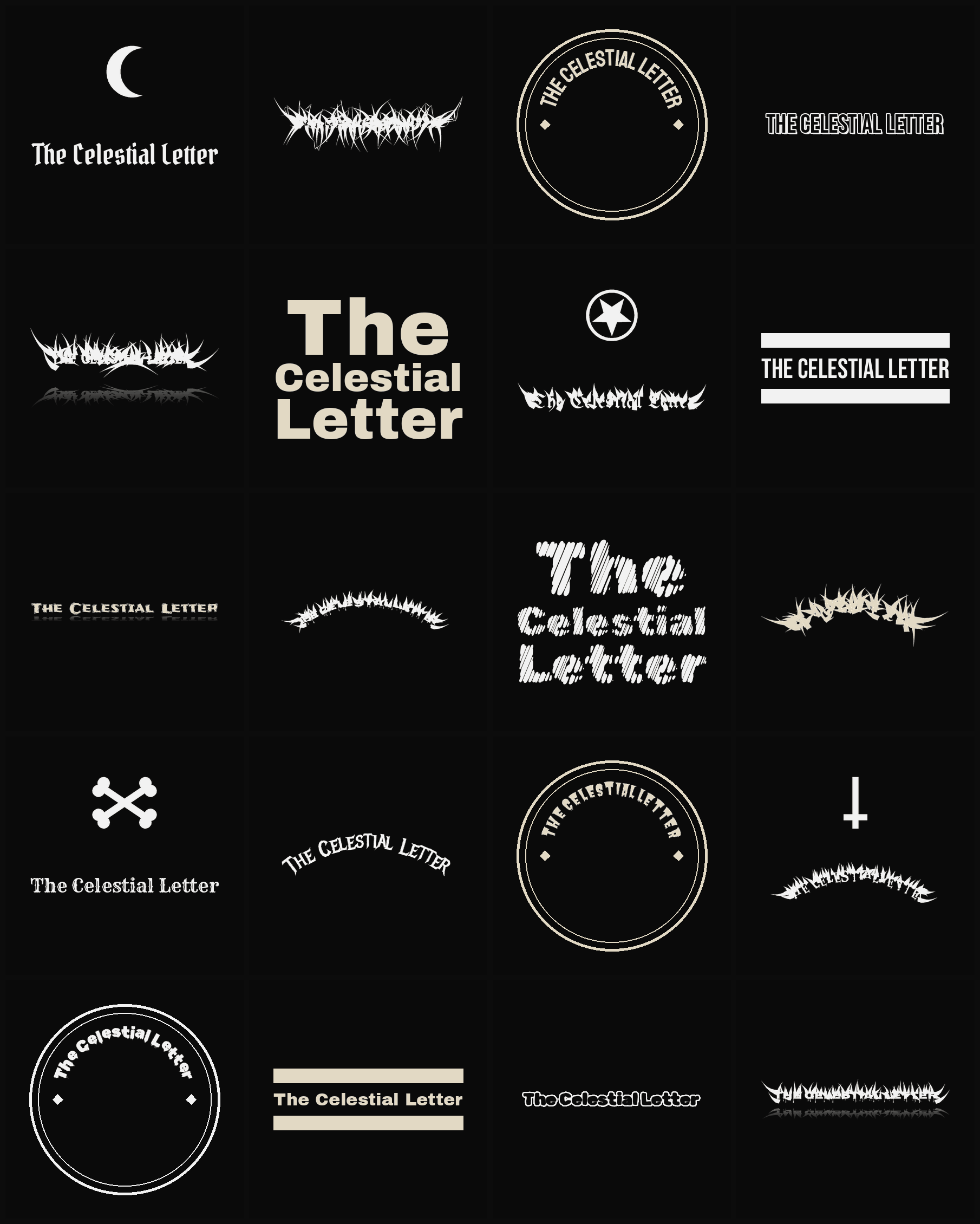 Twenty The Celestial Letter band logo ideas — different faces, treatments and spike settings