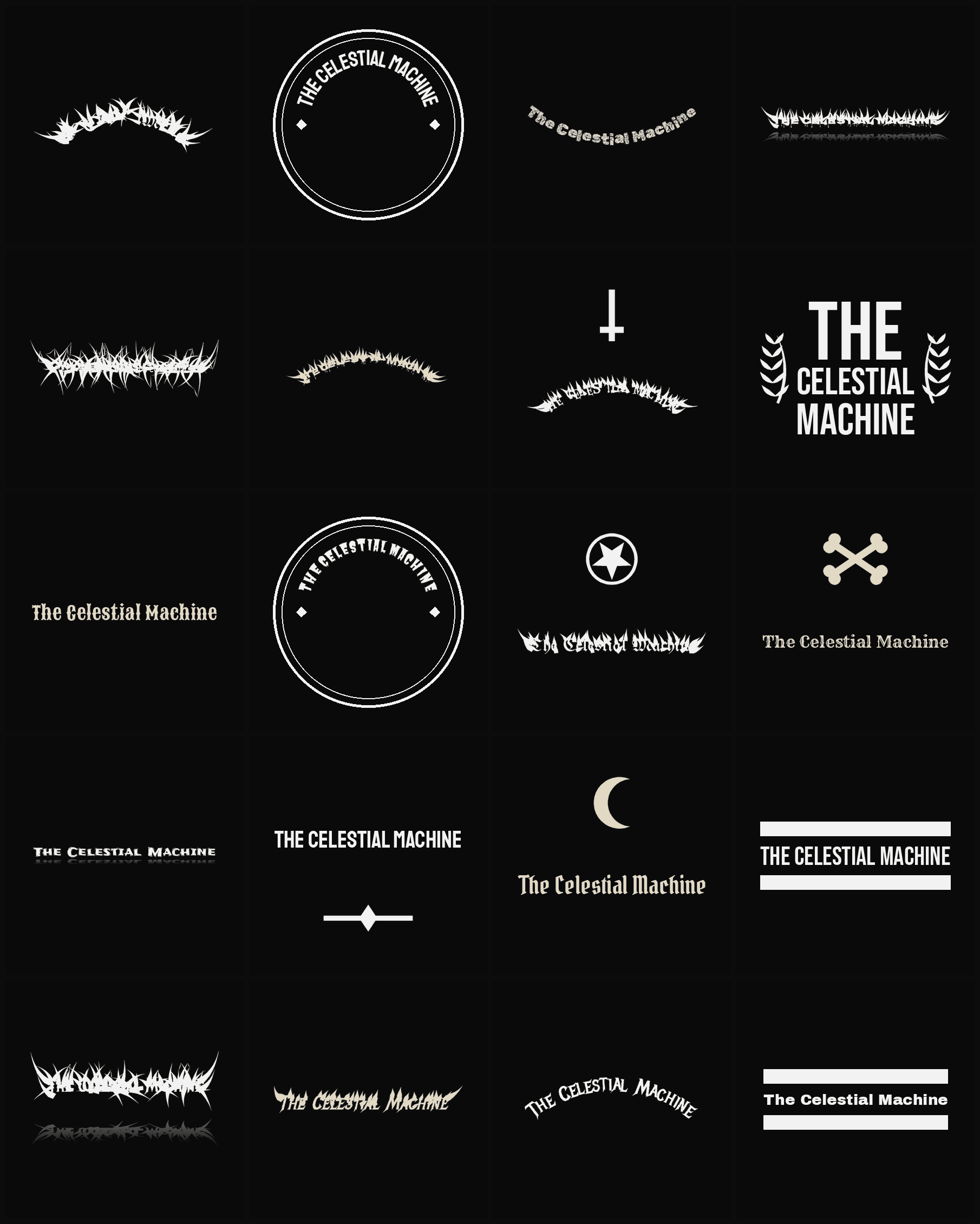 Twenty The Celestial Machine band logo ideas — different faces, treatments and spike settings