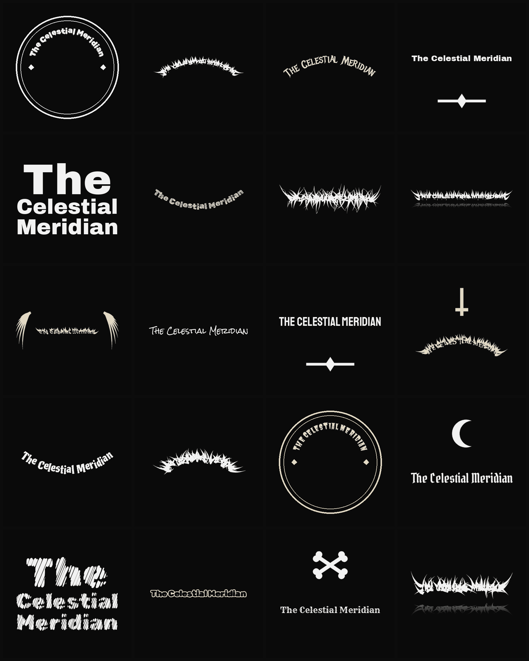 Twenty The Celestial Meridian band logo ideas — different faces, treatments and spike settings