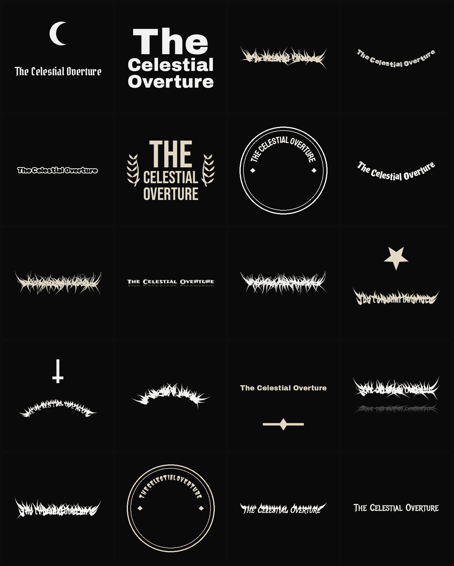 Twenty The Celestial Overture band logo ideas — different faces, treatments and spike settings