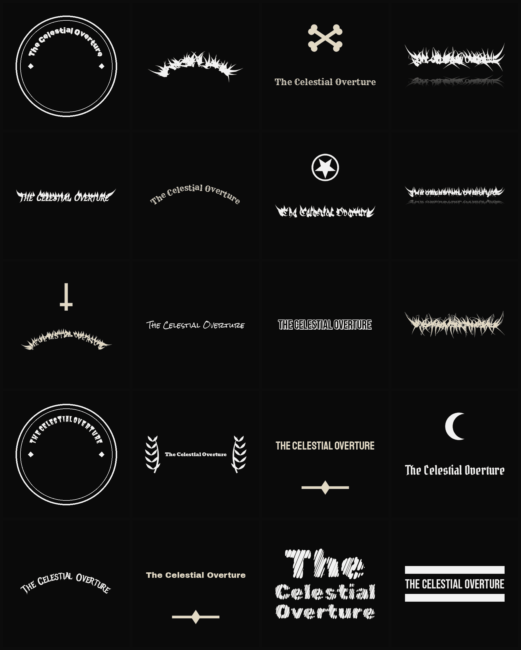 Twenty The Celestial Overture band logo ideas — different faces, treatments and spike settings