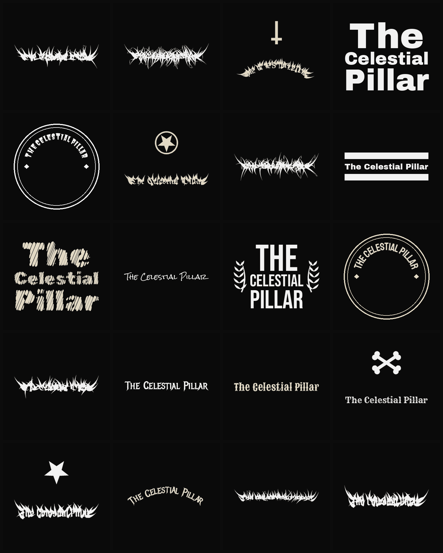 Twenty The Celestial Pillar band logo ideas — different faces, treatments and spike settings