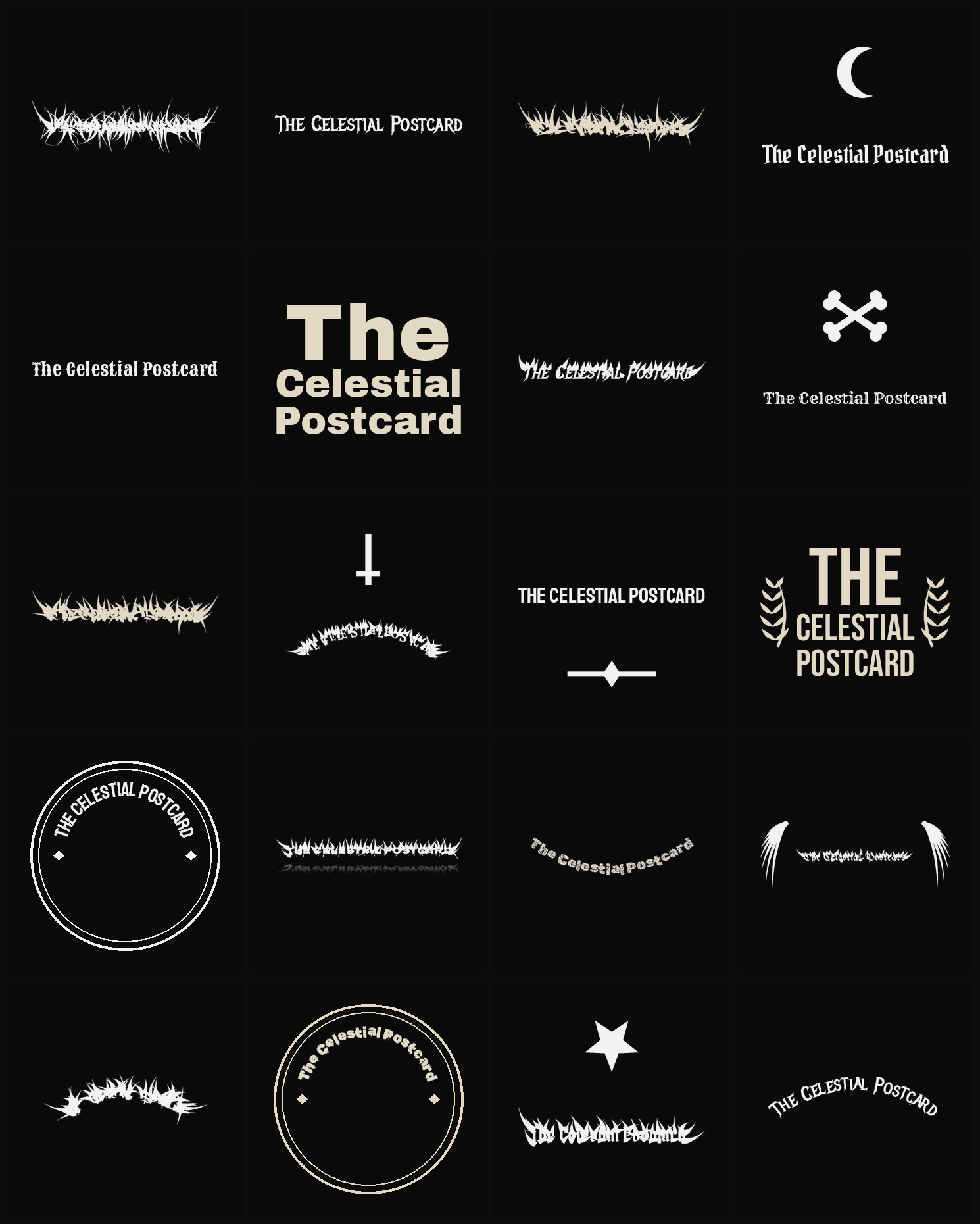 Twenty The Celestial Postcard band logo ideas — different faces, treatments and spike settings