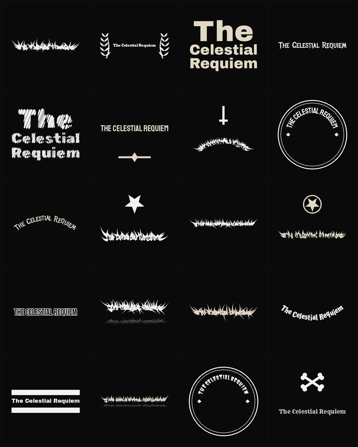 Twenty The Celestial Requiem band logo ideas — different faces, treatments and spike settings