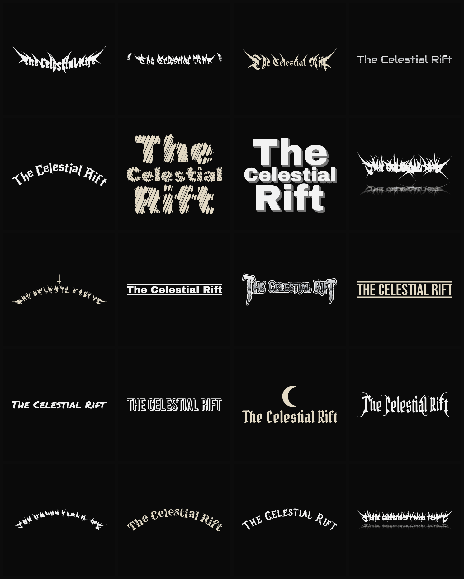 Twenty The Celestial Rift band logo ideas — different faces, treatments and spike settings