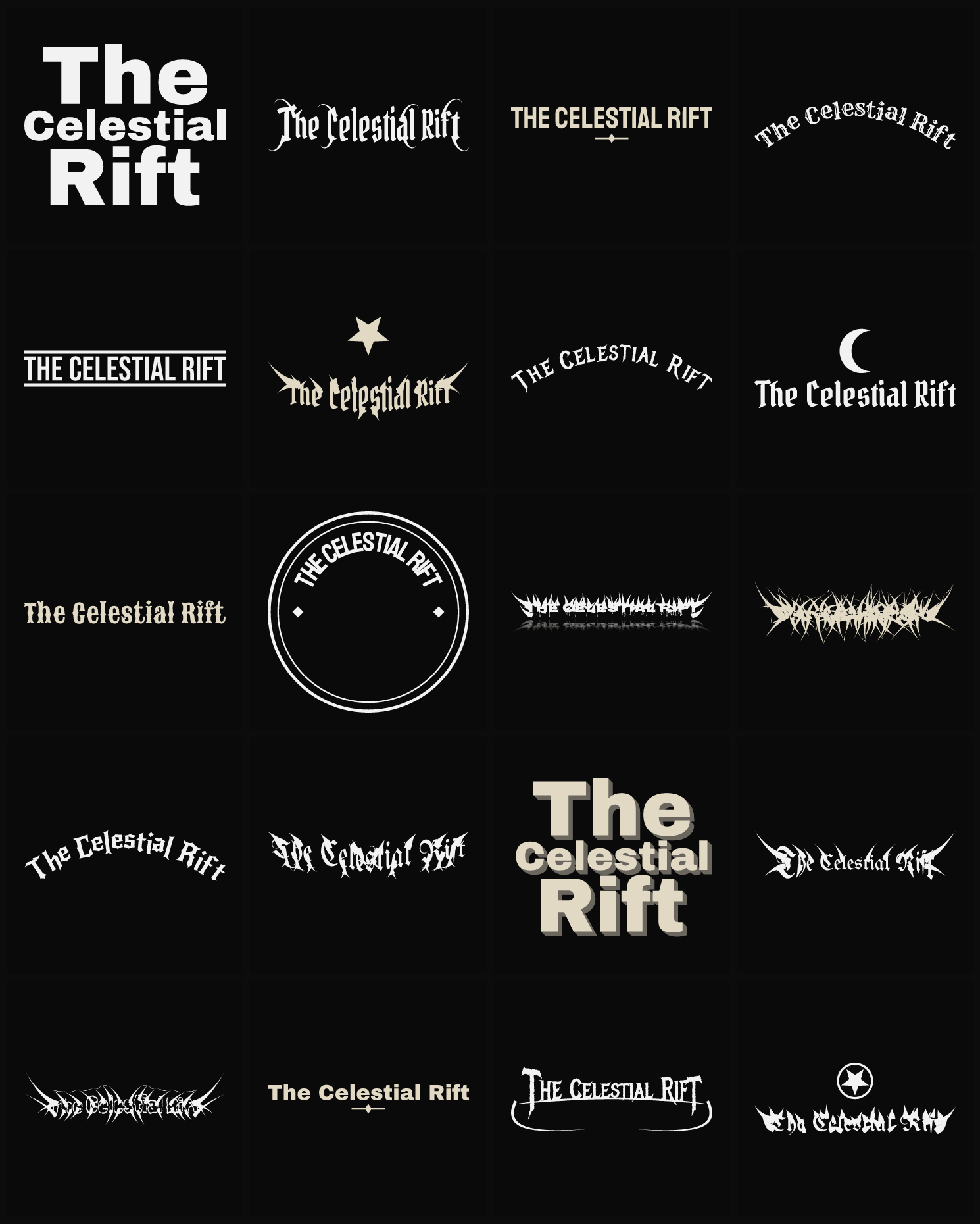 Twenty The Celestial Rift band logo ideas — different faces, treatments and spike settings