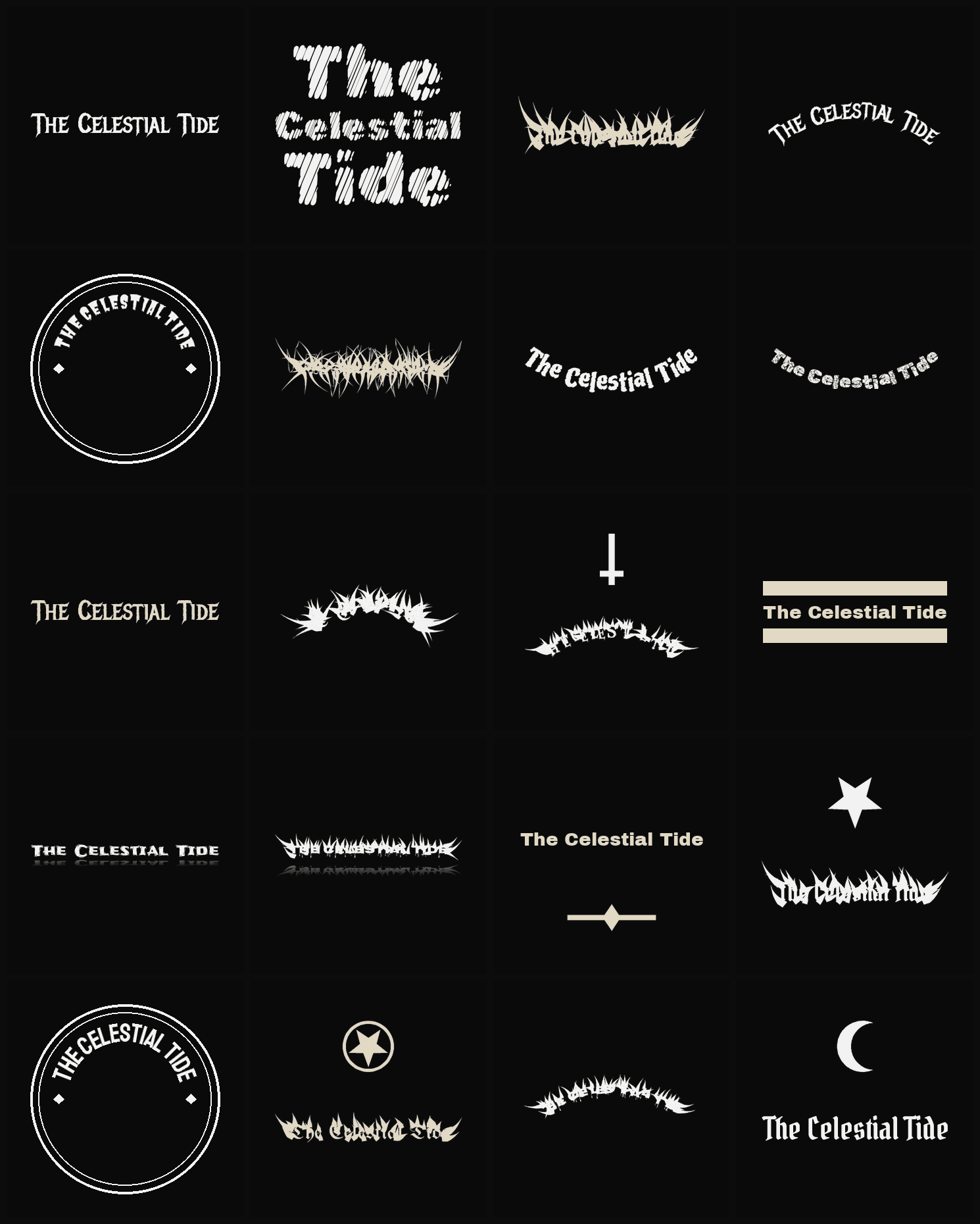 Twenty The Celestial Tide band logo ideas — different faces, treatments and spike settings