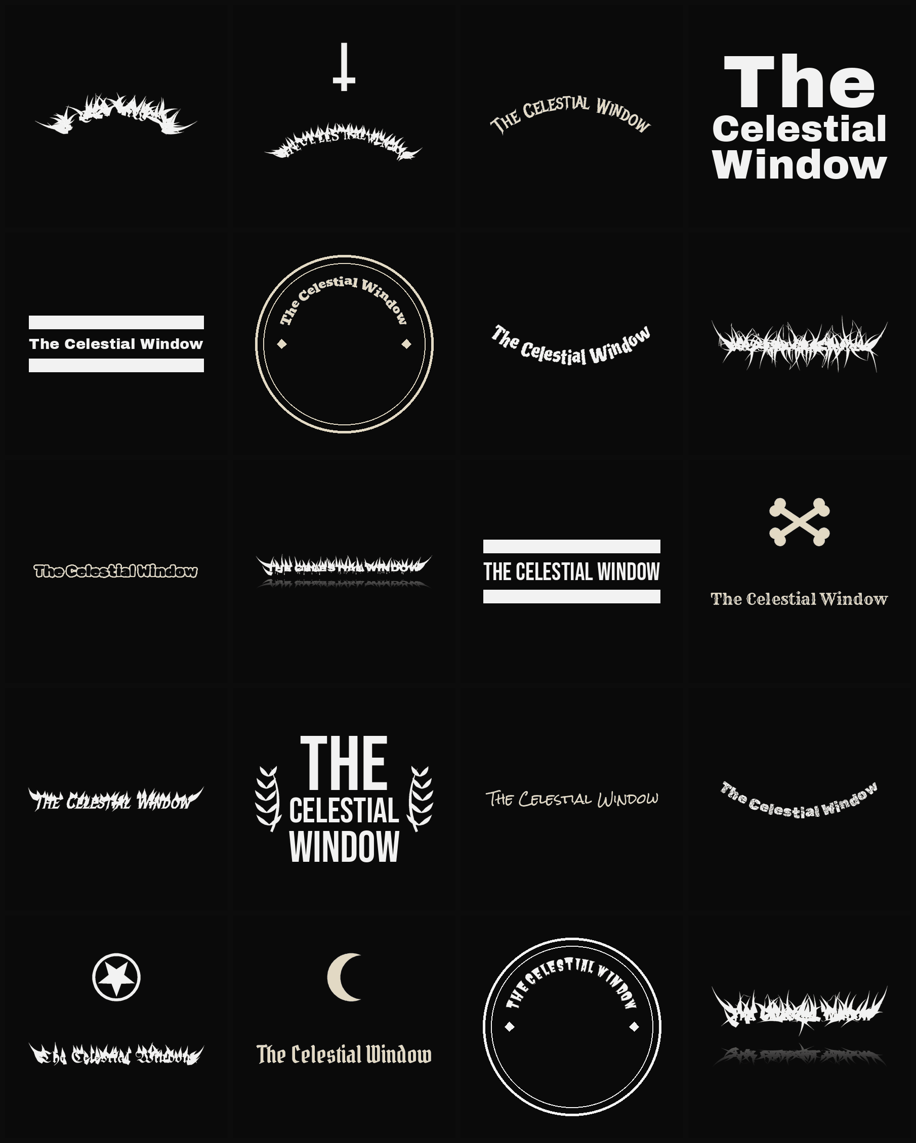 Twenty The Celestial Window band logo ideas — different faces, treatments and spike settings