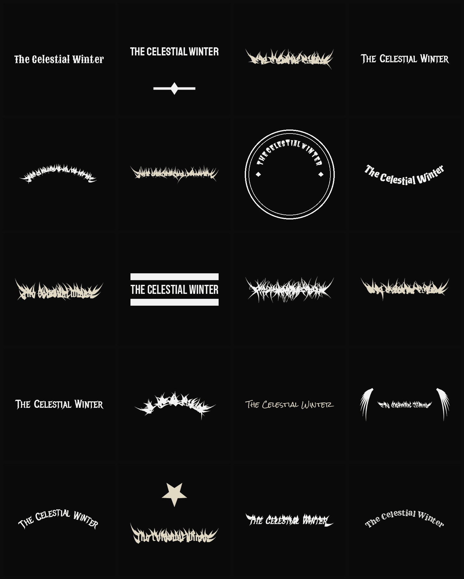 Twenty The Celestial Winter band logo ideas — different faces, treatments and spike settings