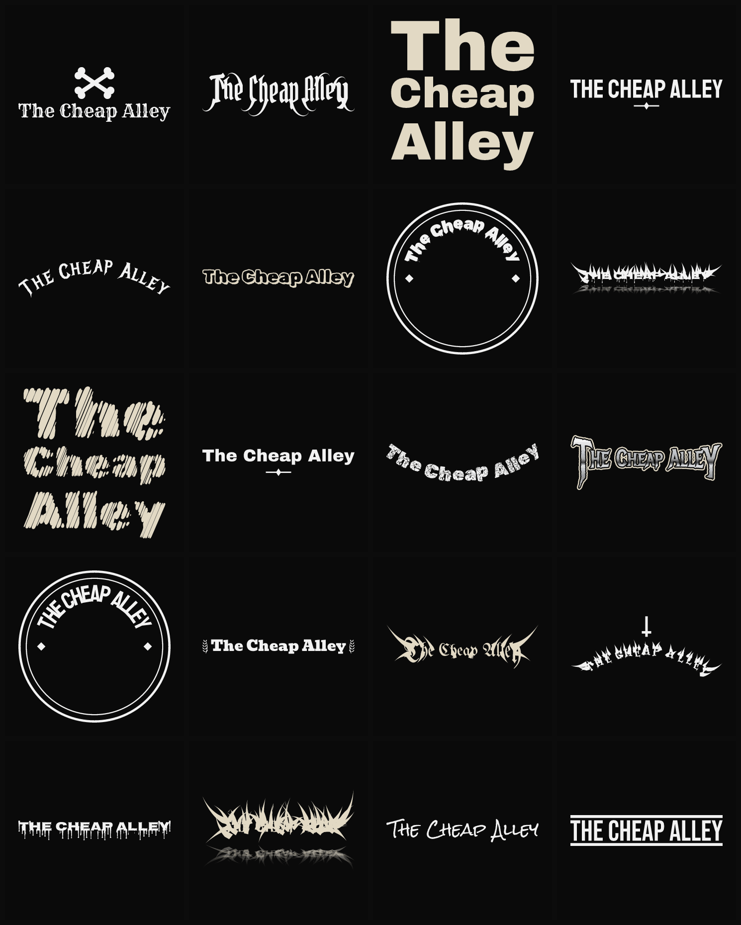 Twenty The Cheap Alley band logo ideas — different faces, treatments and spike settings
