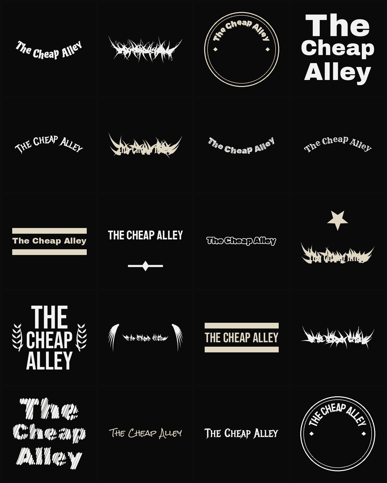 Twenty The Cheap Alley band logo ideas — different faces, treatments and spike settings