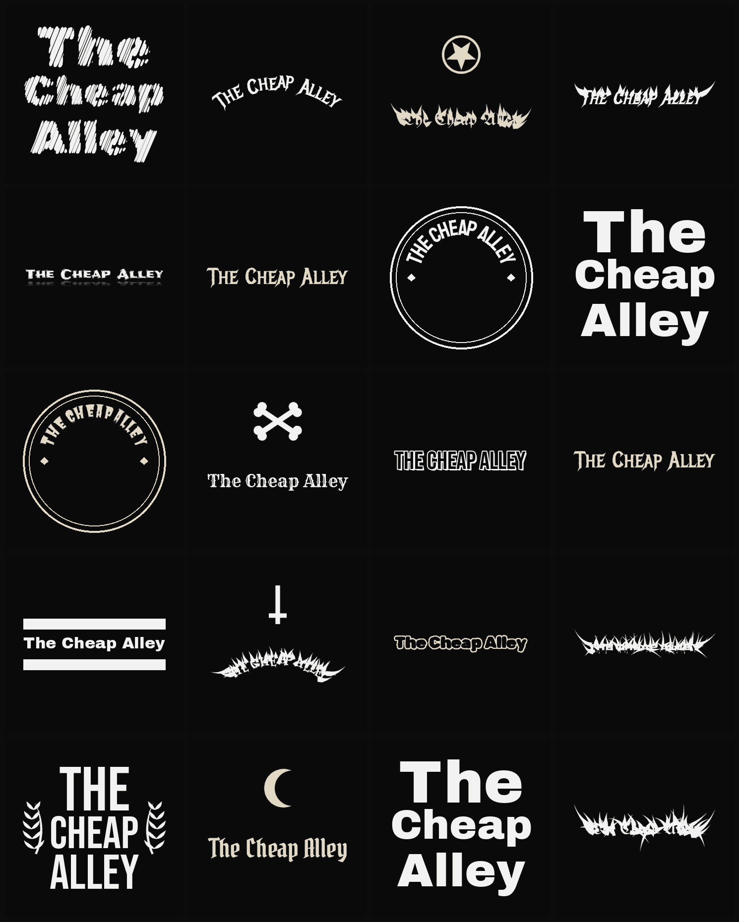 Twenty The Cheap Alley band logo ideas — different faces, treatments and spike settings