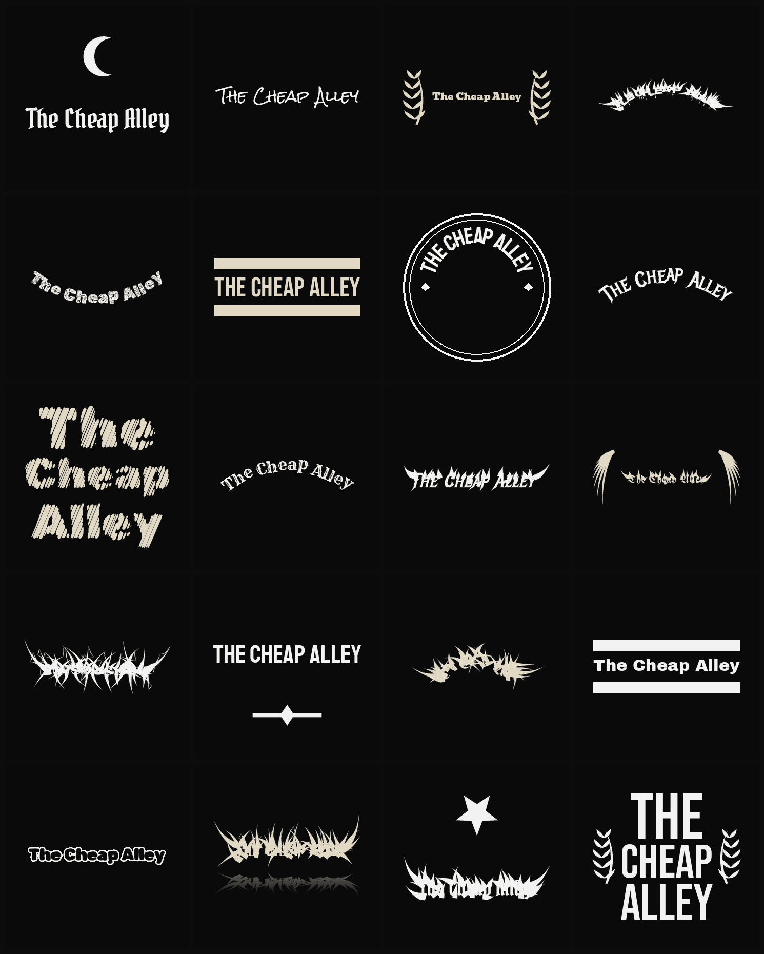 Twenty The Cheap Alley band logo ideas — different faces, treatments and spike settings