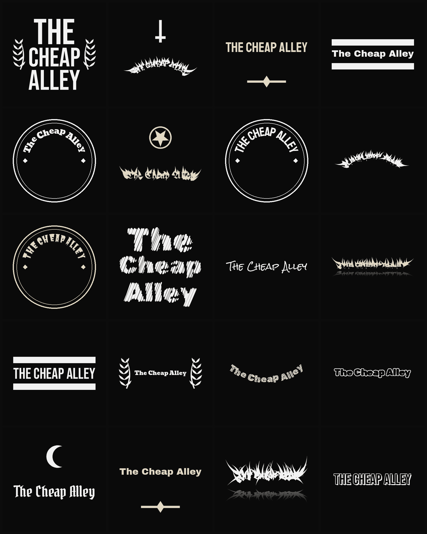 Twenty The Cheap Alley band logo ideas — different faces, treatments and spike settings