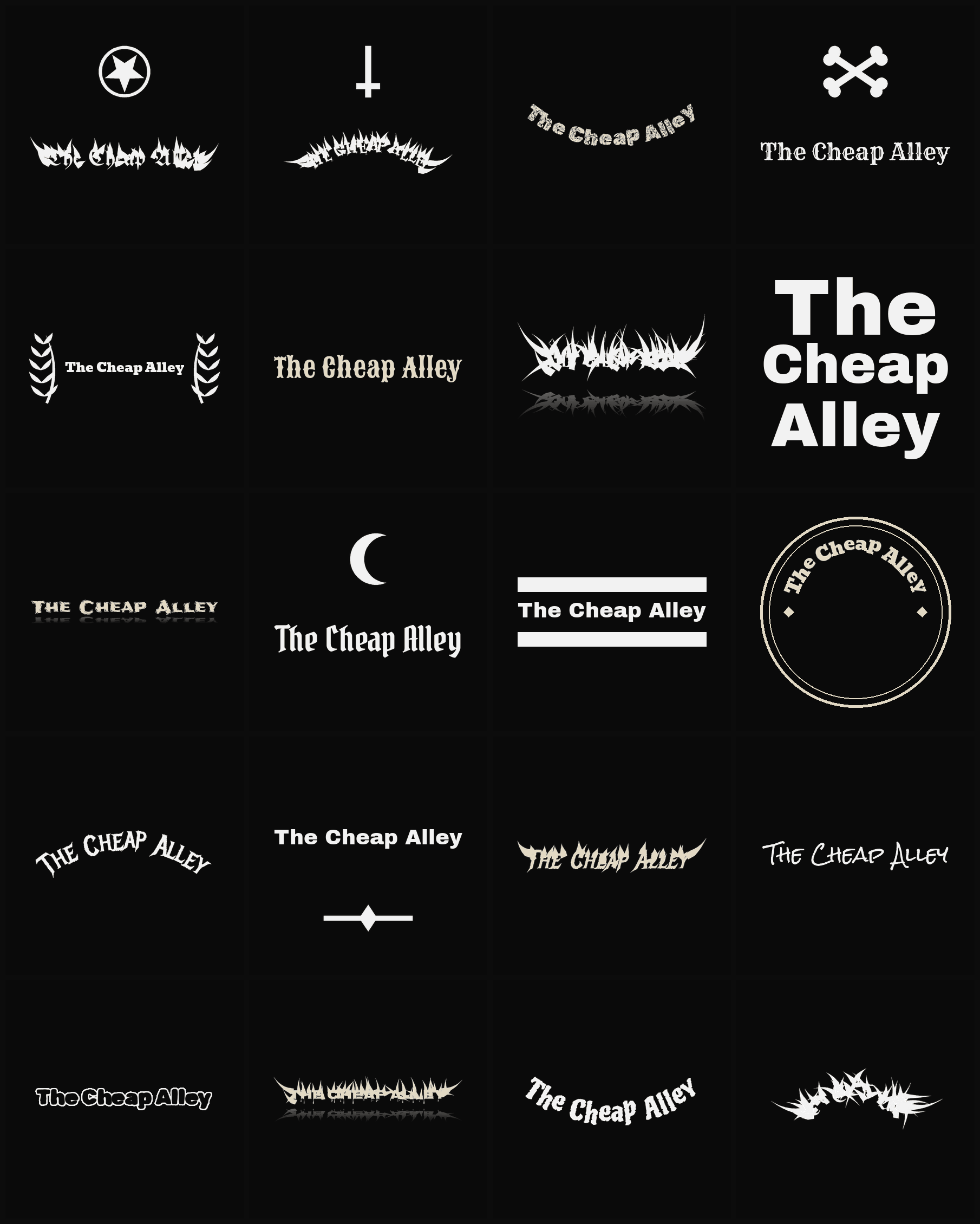 Twenty The Cheap Alley band logo ideas — different faces, treatments and spike settings